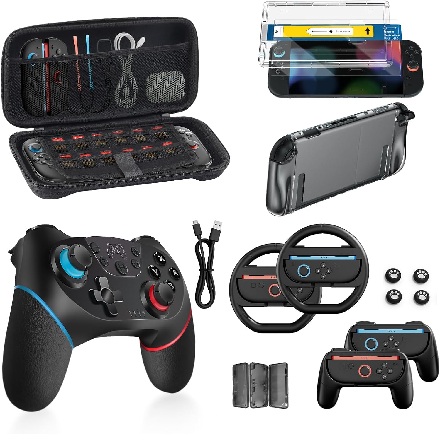 Pro Controller Accessories Bundle for Nintendo Switch 2, 17-in-1: Carrying Case, Screen Protector, Thumb Grip for Joycon, Dockable Console Protective Cover Shell, Steering Wheel, 2025 Switch2 Game Kit