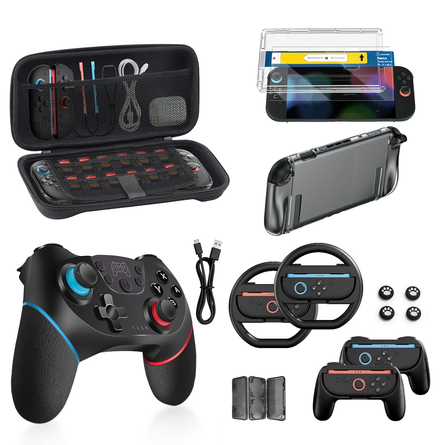 Pro Controller Accessories Bundle for Nintendo Switch 2, 17-in-1: Carrying Case, Screen Protector, Thumb Grip for Joycon, Dockable Console Protective Cover Shell, Steering Wheel, 2025 Switch2 Game Kit