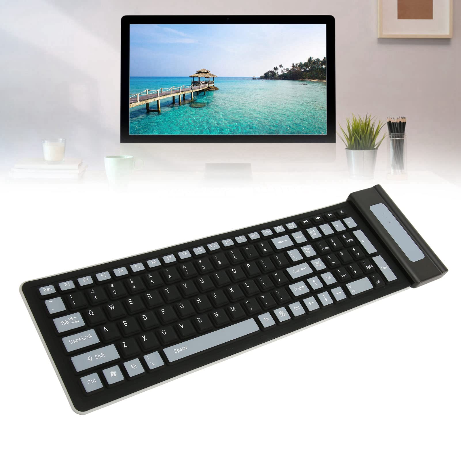Tastiera in Silicone Pieghevole Wireless 2.4G, 103 Tasti Tastiera Silenziosa in Silicone Morbido USB Impermeabile, Tastiera Arrotolabile Flessibile Portatile per Laptop, PC (Nero)