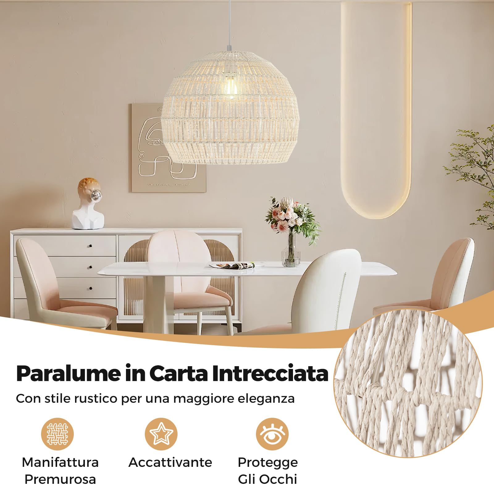 COSTWAY Lampada a Sospensione, Lampadario Moderno con Struttura in Metallo e Cupola in Carta, Luce con Altezza Regolabile per Cucina, Camera da Letto e Soggiorno, 43 x 43 x 34 cm (Beige)