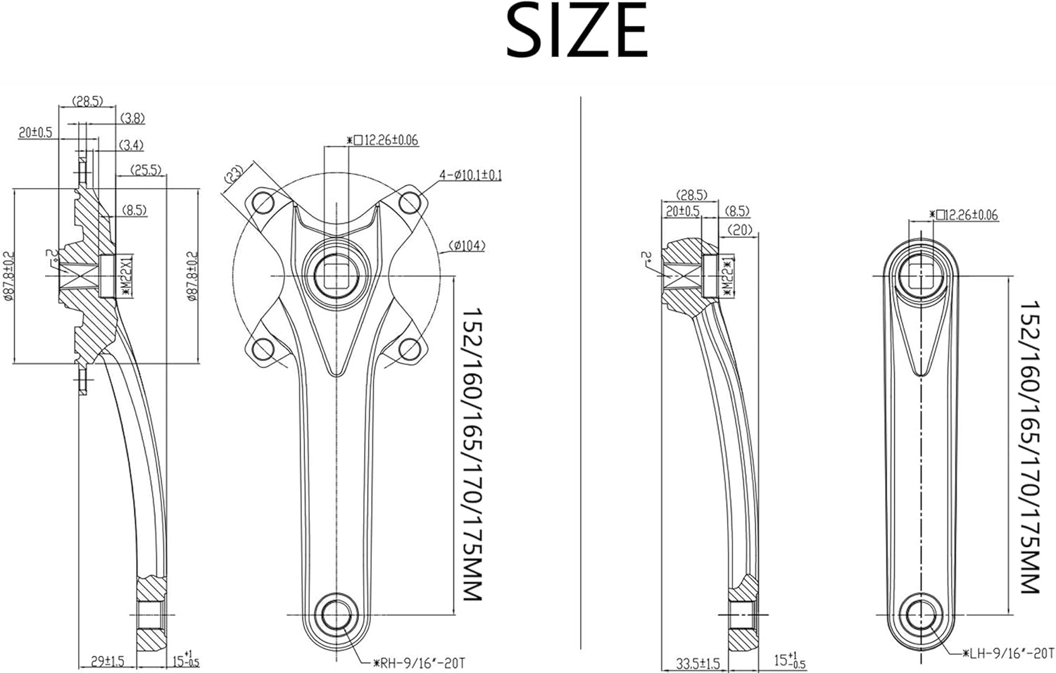 PROWHEEL Bike Crank Arm,One Pair Universal 152MM/160MM/165MM/170MM/175MM BCD 104MM Square Hole Bike Crank Arm for City Bike,Road Bike,Folding Bike,Mountain Bike,Ebike