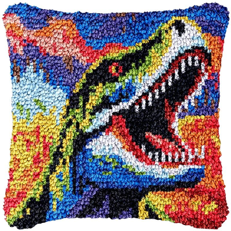 Latch Hook Kits Pillow Cover for Beginner Dinosaur Color Printed Canvas Yarn Crocheting Carpet Cushion Embroidery Hook and Latch Pillowcase Sofa Decoration 43x43cm 2