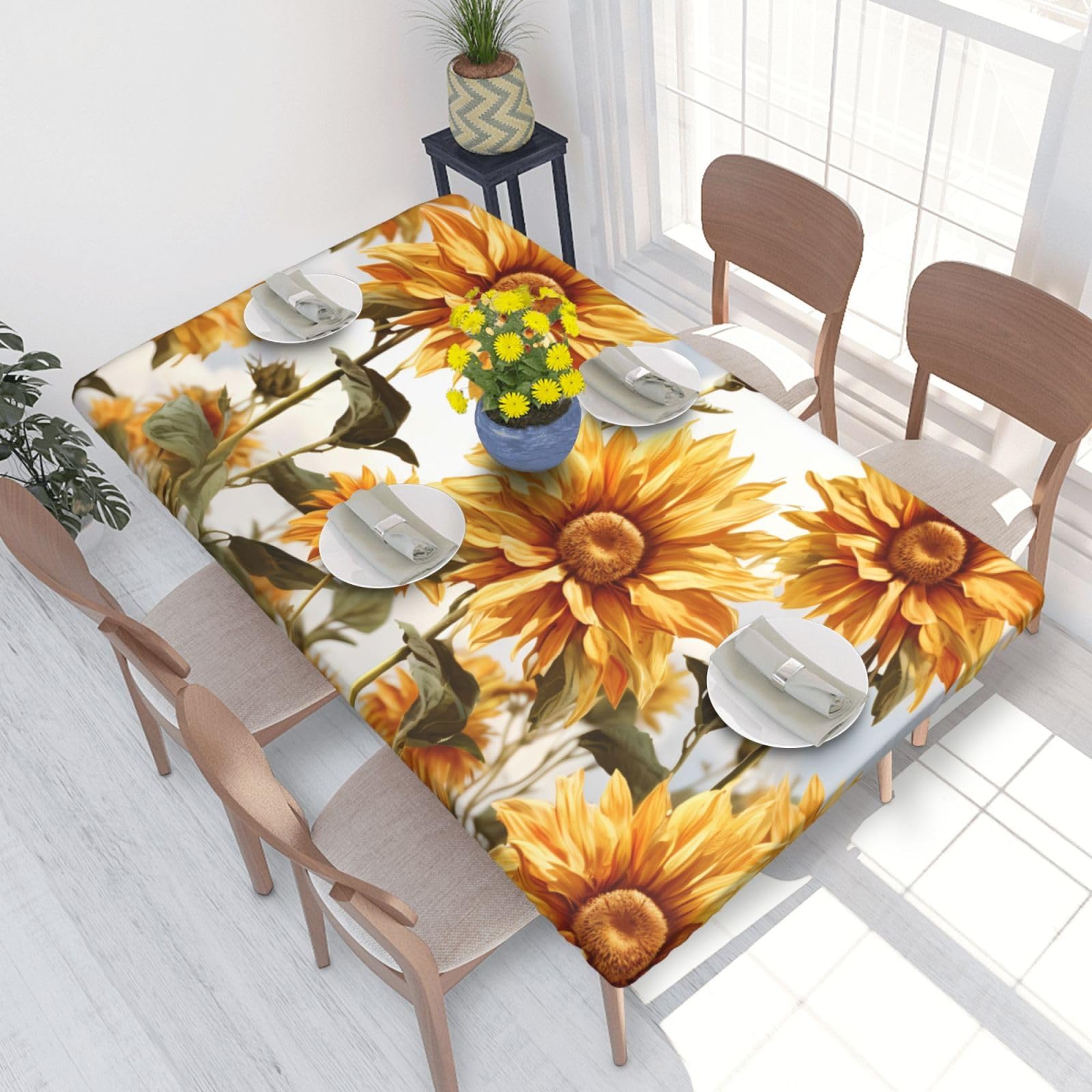Blossoming Sunflower Waterproof Square Table Cover Elastic Fitted Tablecloth Oil Proof Table Protector For 4ft Table