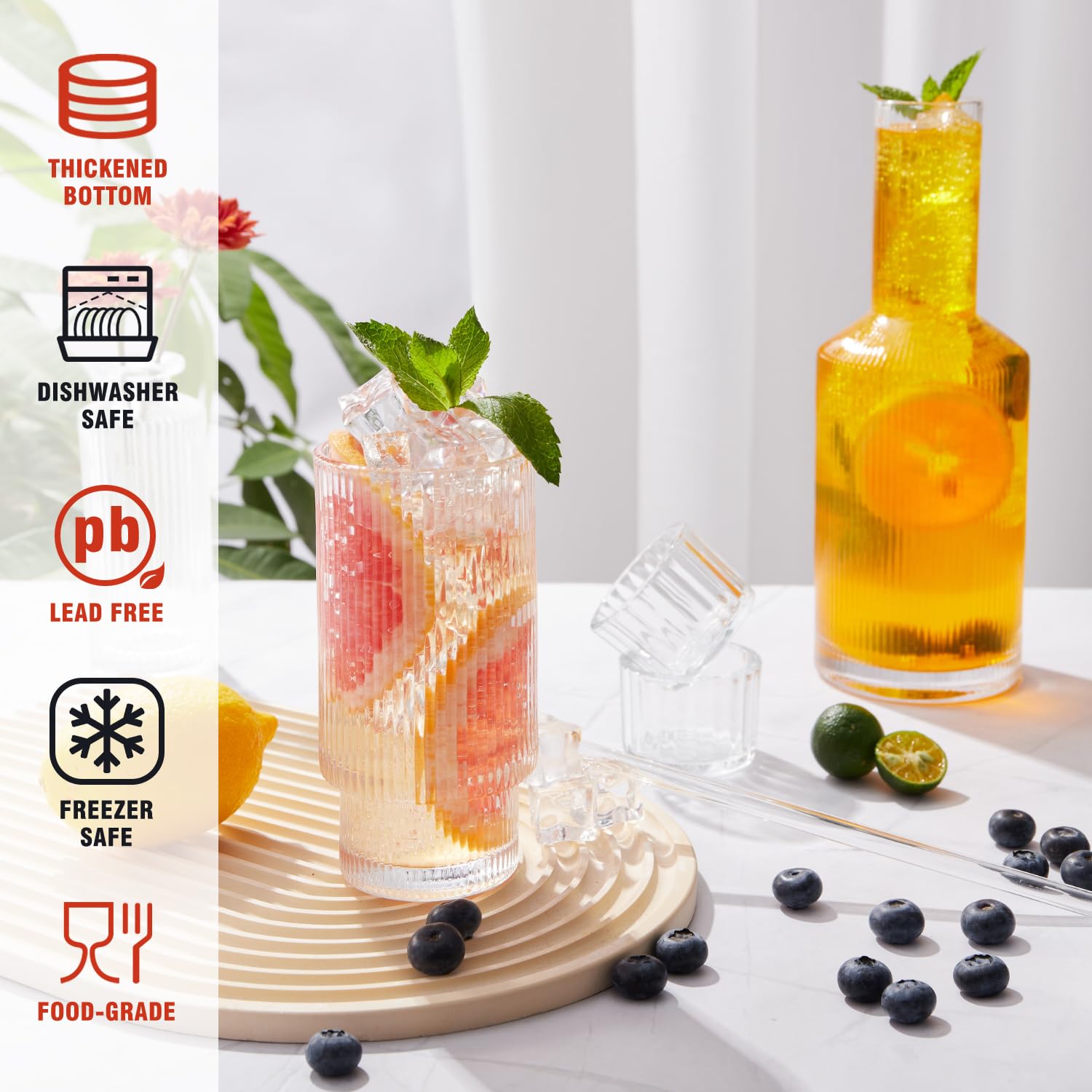 Szklanki do picia, 8 szklanek ze słomkami i karafką na wodę, prążkowane szkło, szklanki typu highball, karafka nocna i zestaw szklanek, dzbanek kuchenny i kubki do napojów, lodowej kawy, styl origami