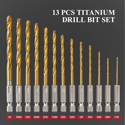 Miniatura 5 de Juego de 13 brocas HSS, juego de brocas de acero de alta velocidad con revestimiento de titanio (116"-14") para chapa, madera, plástico, diseño de