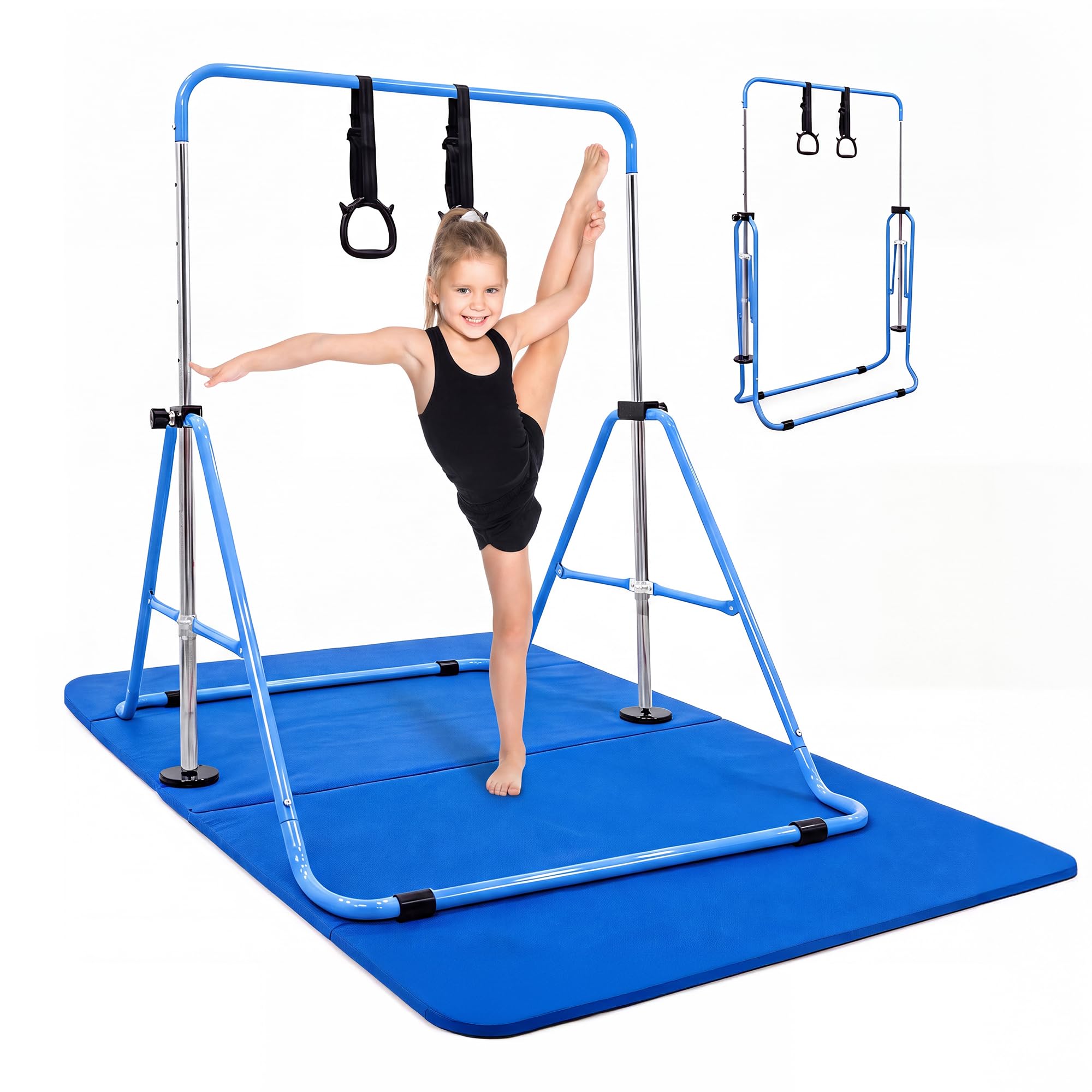 KAYMAN Gymnastics Horizontal Bar for Kids with Rings & Hand Protection Wrap โ Adjustable Height 89/99/109/119/129cm, Heavy-Duty Steel Gym Equipment for Home Gymnastics, Strength & Flexibility Training โ image 1