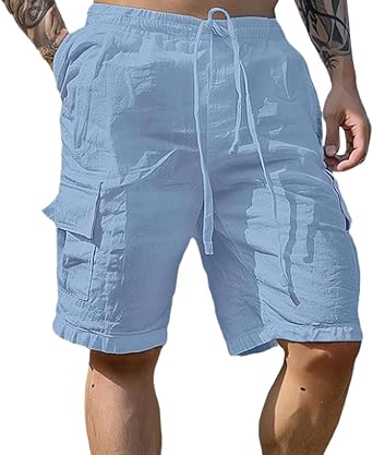 Cargo Shorts for Men Cotton Linen Drawstring Elastic Waist Casual Lightweight Baggy Shorts Summer Beach Athletic Pants