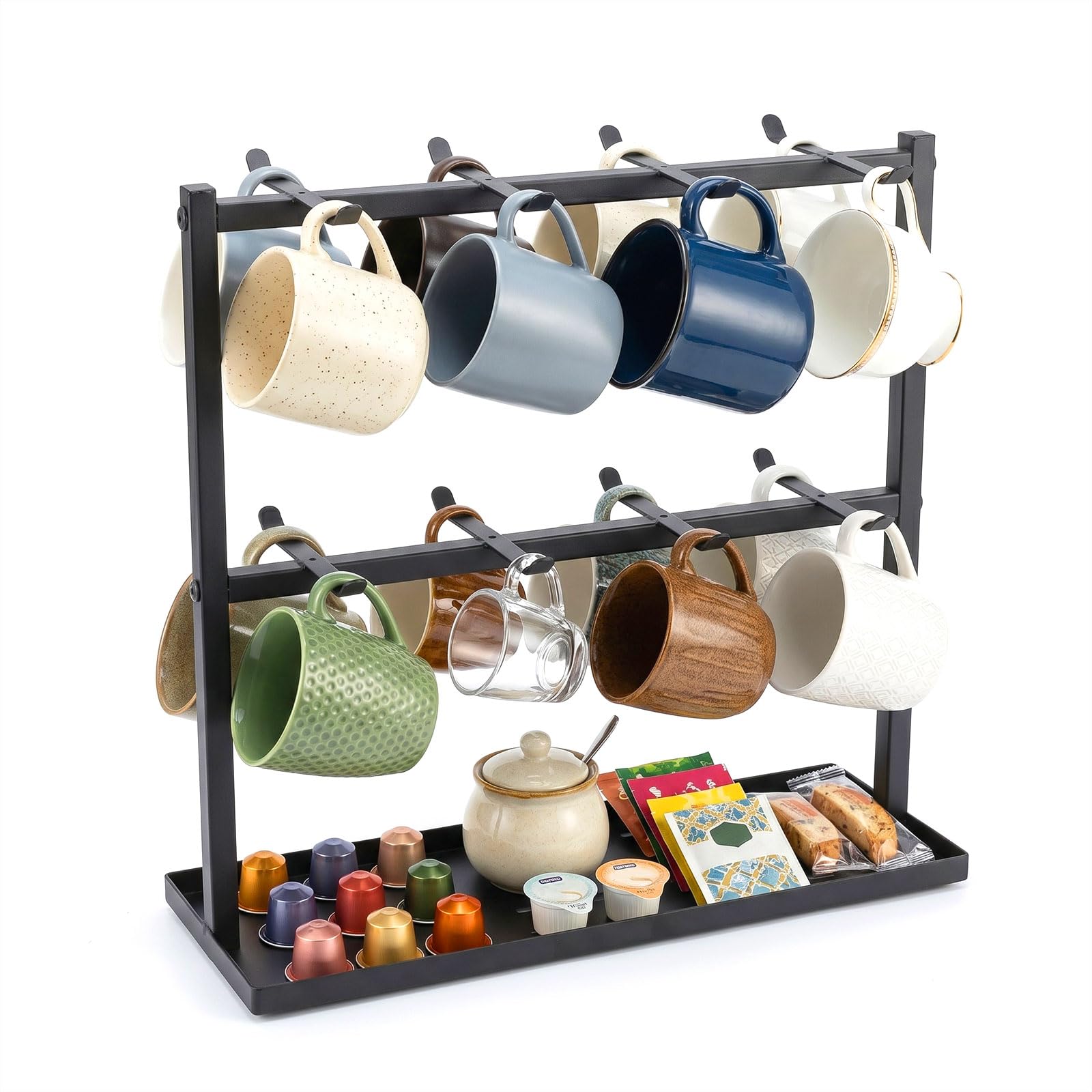 Levede Black Coffee Mug Holder Stand, Holds 16 Mugs Countertop Mug Tree With Storage Base, 2 Tier Cup Organiser For Kitchen, Tea & Coffee Bar, Heavy Duty Carbon Steel Rack,