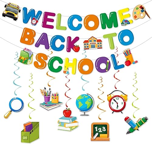 Decoración de fiesta de bienvenida para el regreso a la escuela, serpentinas, 11 unidades, diseño de remolinos colgantes de colores arcoíris, para
