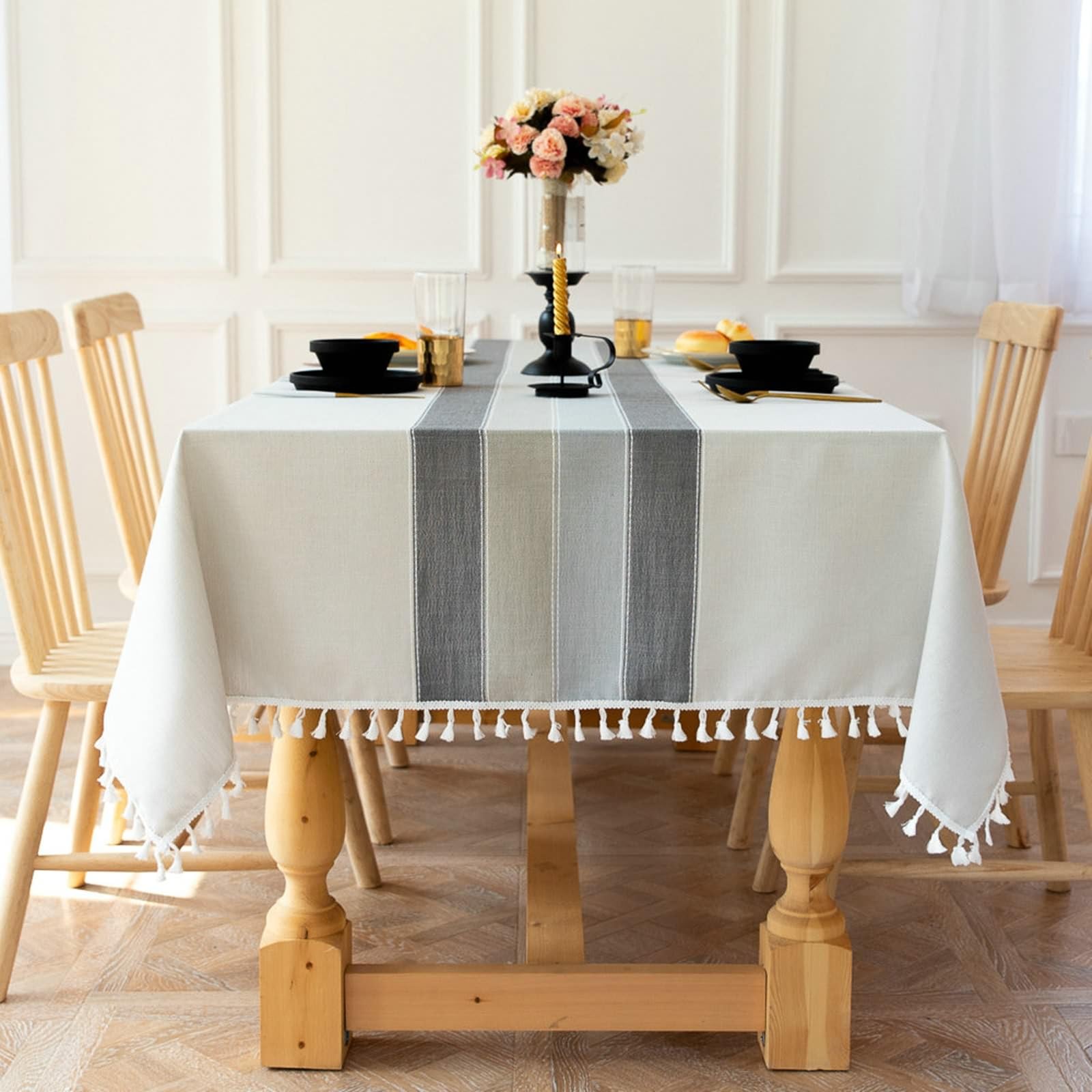 Tovaglie Antimacchia, Tovaglie 140 x 220 cm con motivo a strisce centrali in Poliestere Tovaglia per Casa e Cucina, Tovaglia Elegante per PicnicGrigio-nappa