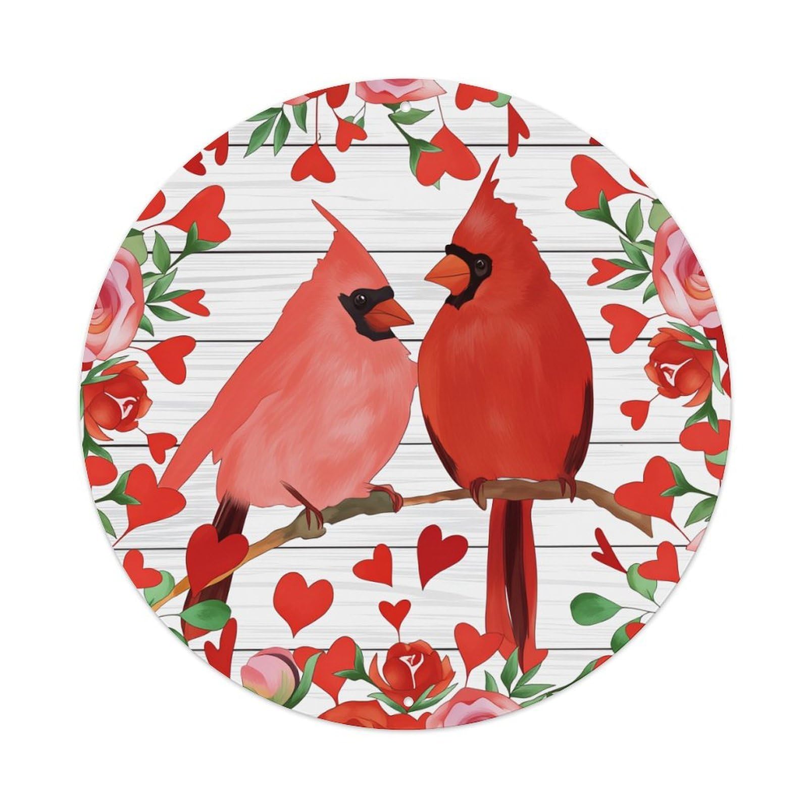 Cardinal Birds Hearts Roses Wood Round Tin Sign Vintage Metal Poster, Home Bar Garage Man Cave Cafe Indoor & Outdoor Wall Decoration 8x8Inches