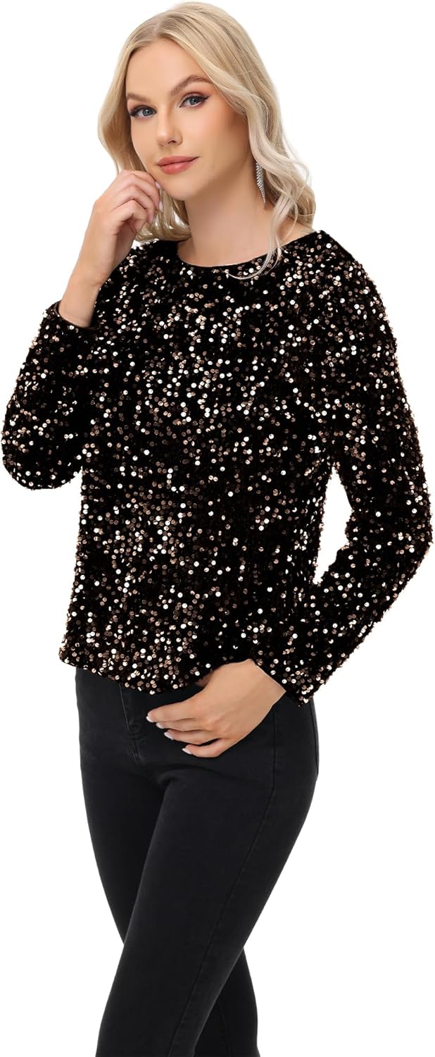 Anna-Kaci Women's Sequin Tops Sparkly Long Sleeve Glitter Evening Party Concert Shirt Blouse - Image 3