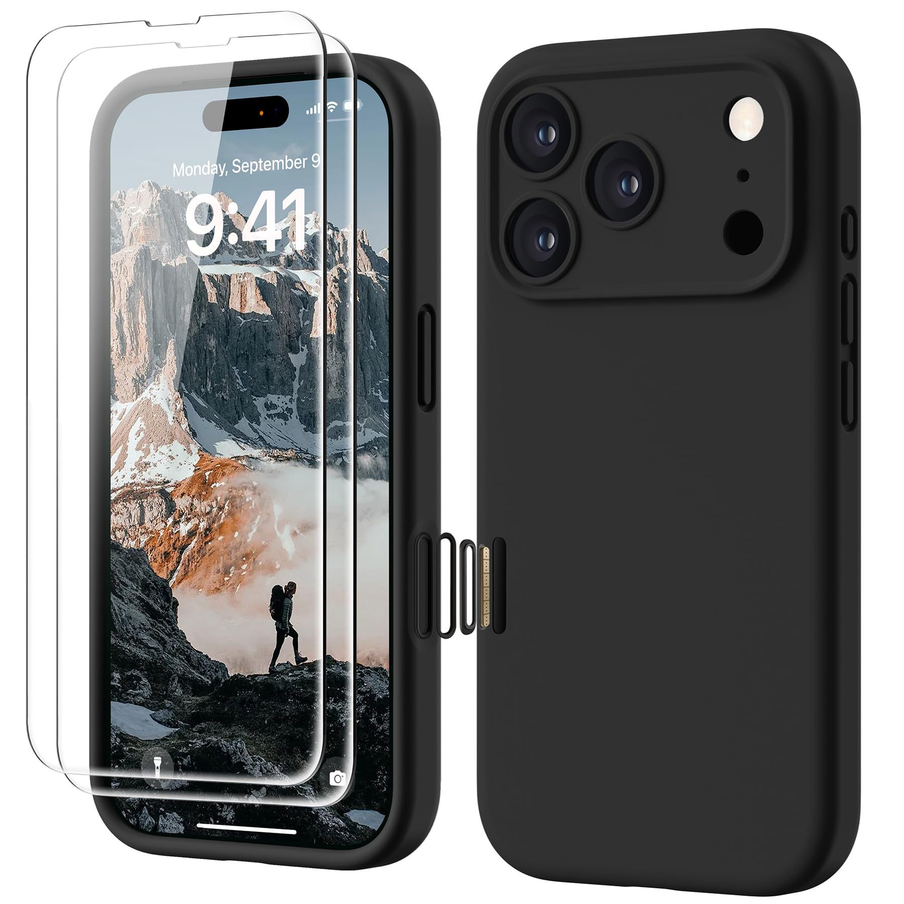 GOODVISH Silicone Cover per iPhone 17 Pro 6.3", Custodia con 2x Vetro Temperato [Pulsante Controllo Fotocamera] 360° Protezione Anticaduta Case per Cellulare Antiurto Resistente, Nero