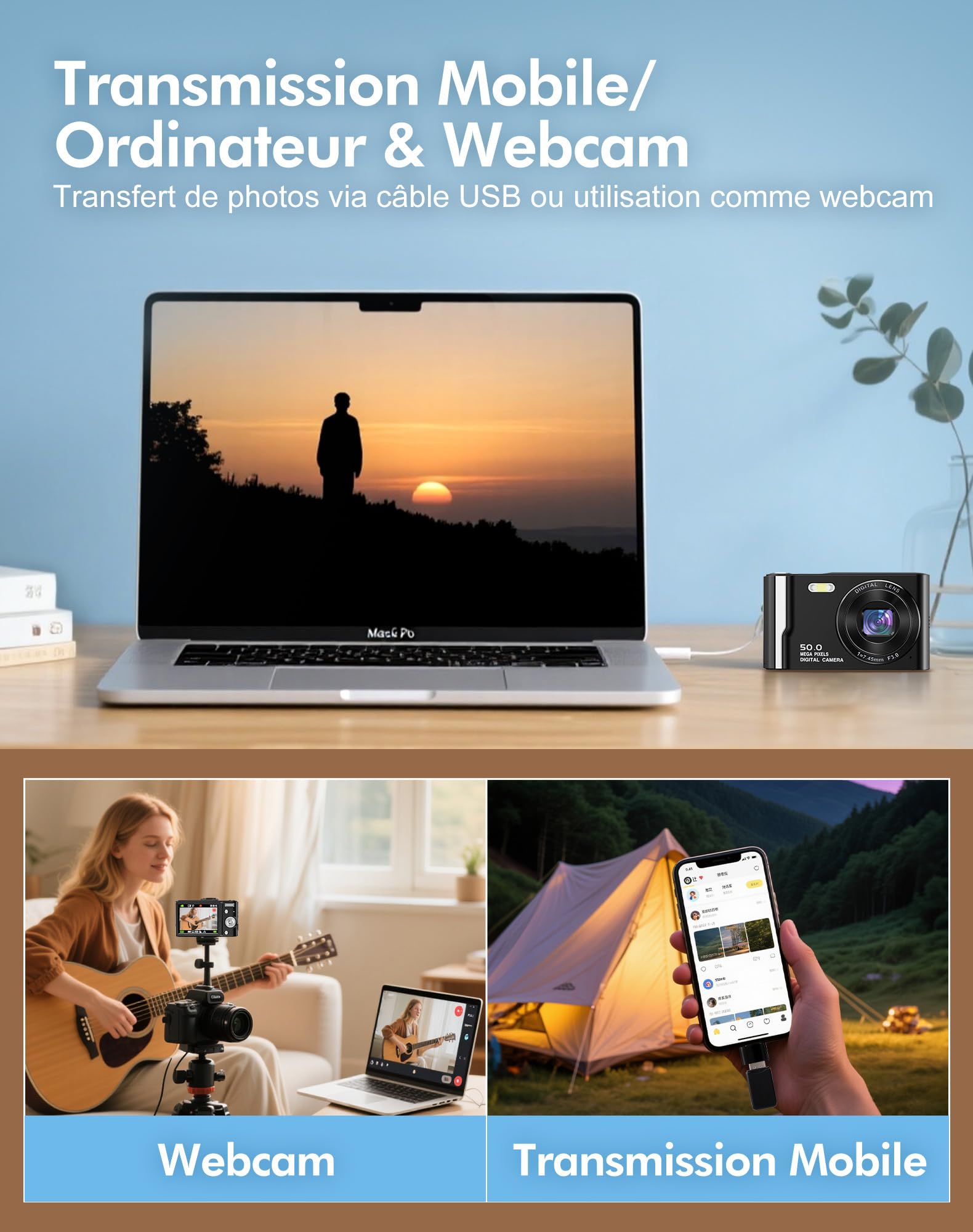 Appareil Photo Numérique Compact Portable 4K, 50MP Autofocus Digital Camera avec Écran IPS 2,8", Zoom Numérique 16X, Carte Mémoire Micro 32 G et Batterie, pour Enfants, Adolescents et Débutant