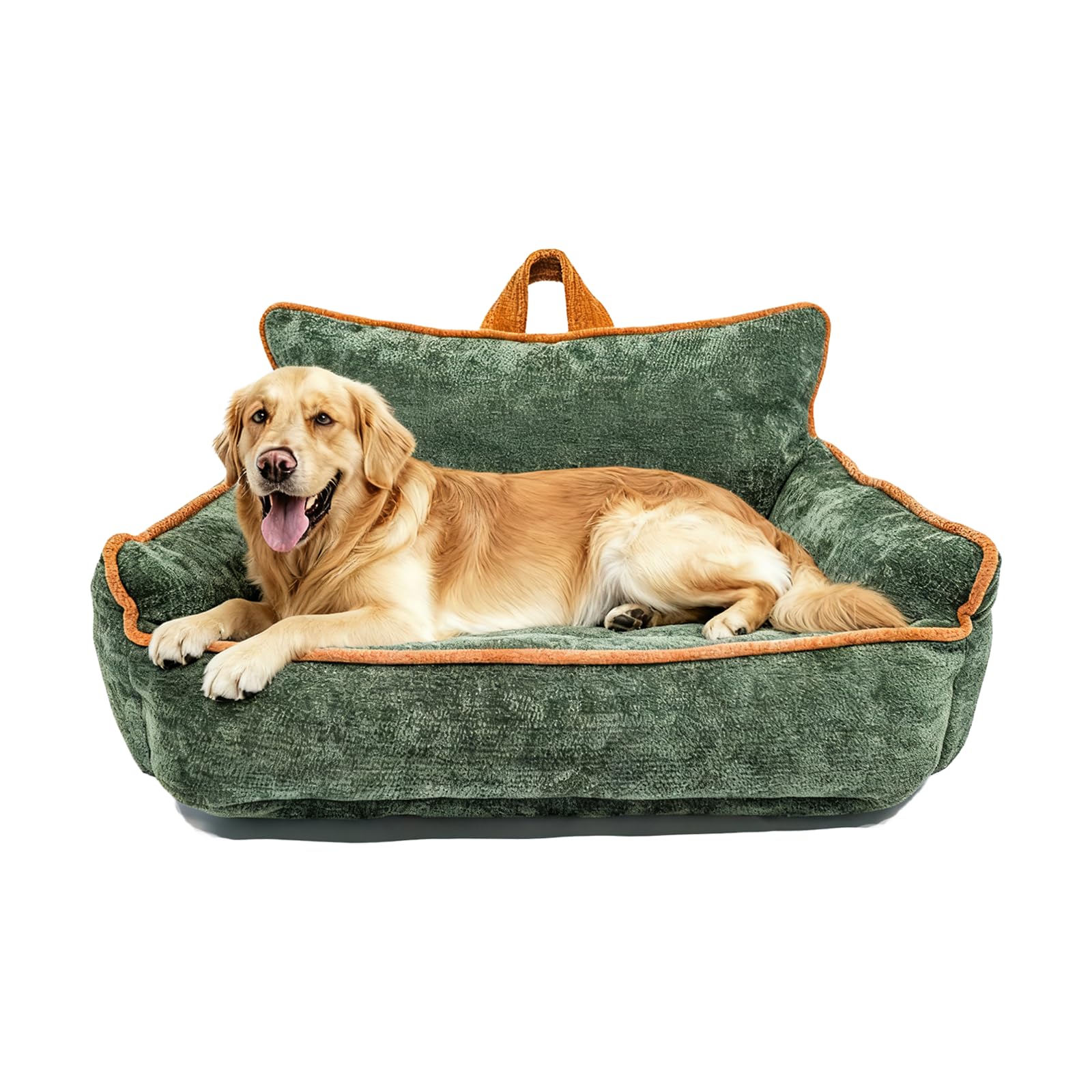 Large Orthopedic Dog Sofa Bed with Sides, Carry Handle & Side Pockets .Plush Chenille Orthopedic Pet Bed Couch for Large Dogs.Portable Snuggler for Indoor Use, Travel & Recovery (Green)