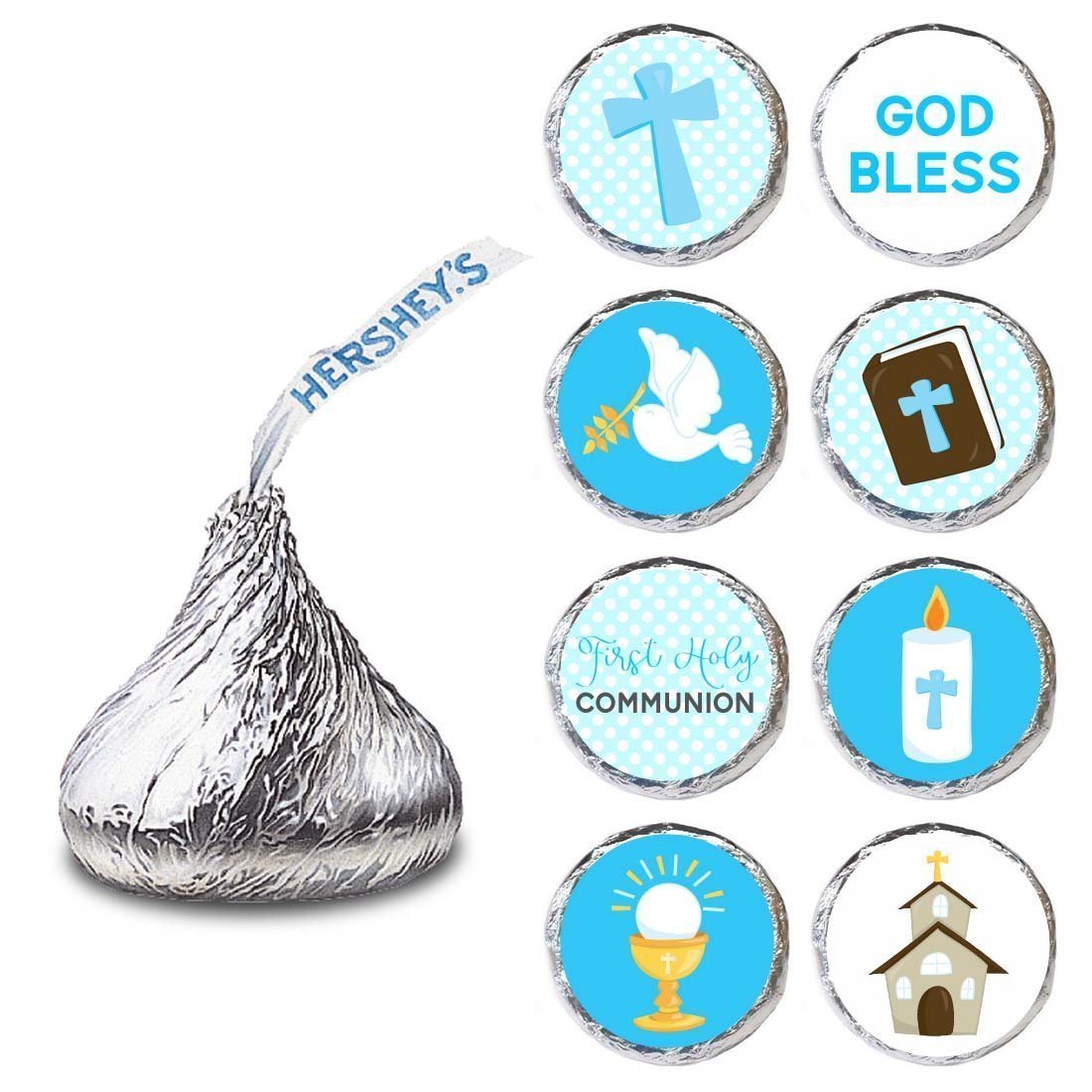 Boy First Holy Communion Labels for Hershey's Kisses Chocolates by Adore By Nat - Blue Candy Sticker - Set of 240