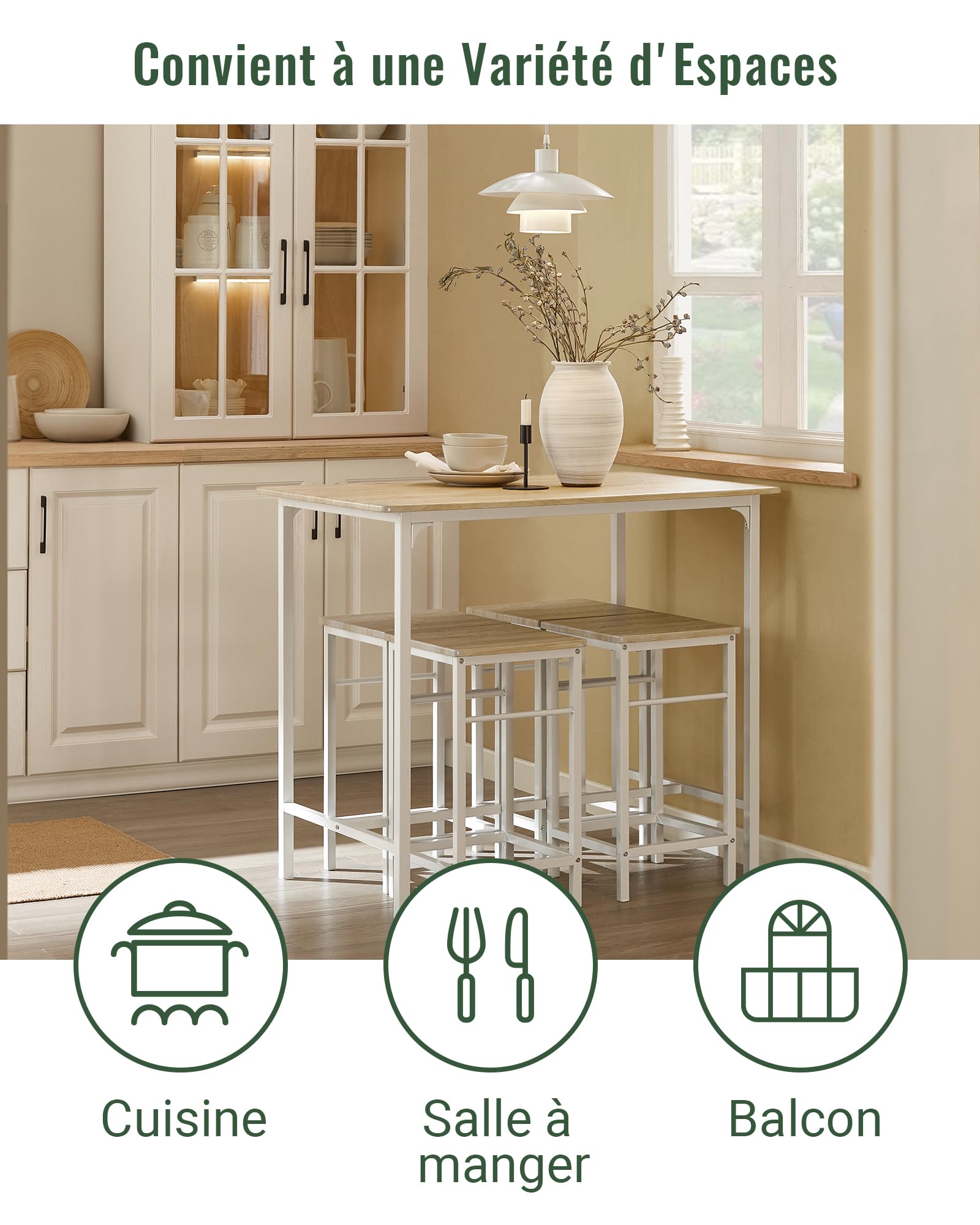 SoBuy Set de 1 Table + 4 Tabourets, Ensemble Table de Bar Bistrot + 4 Tabourets avec Repose-Pieds, Table Haute, Mange-Debout pour Salle à Manger, Cuisine, Salon, Balcon, Blanc+Naturel, OGT11-WN