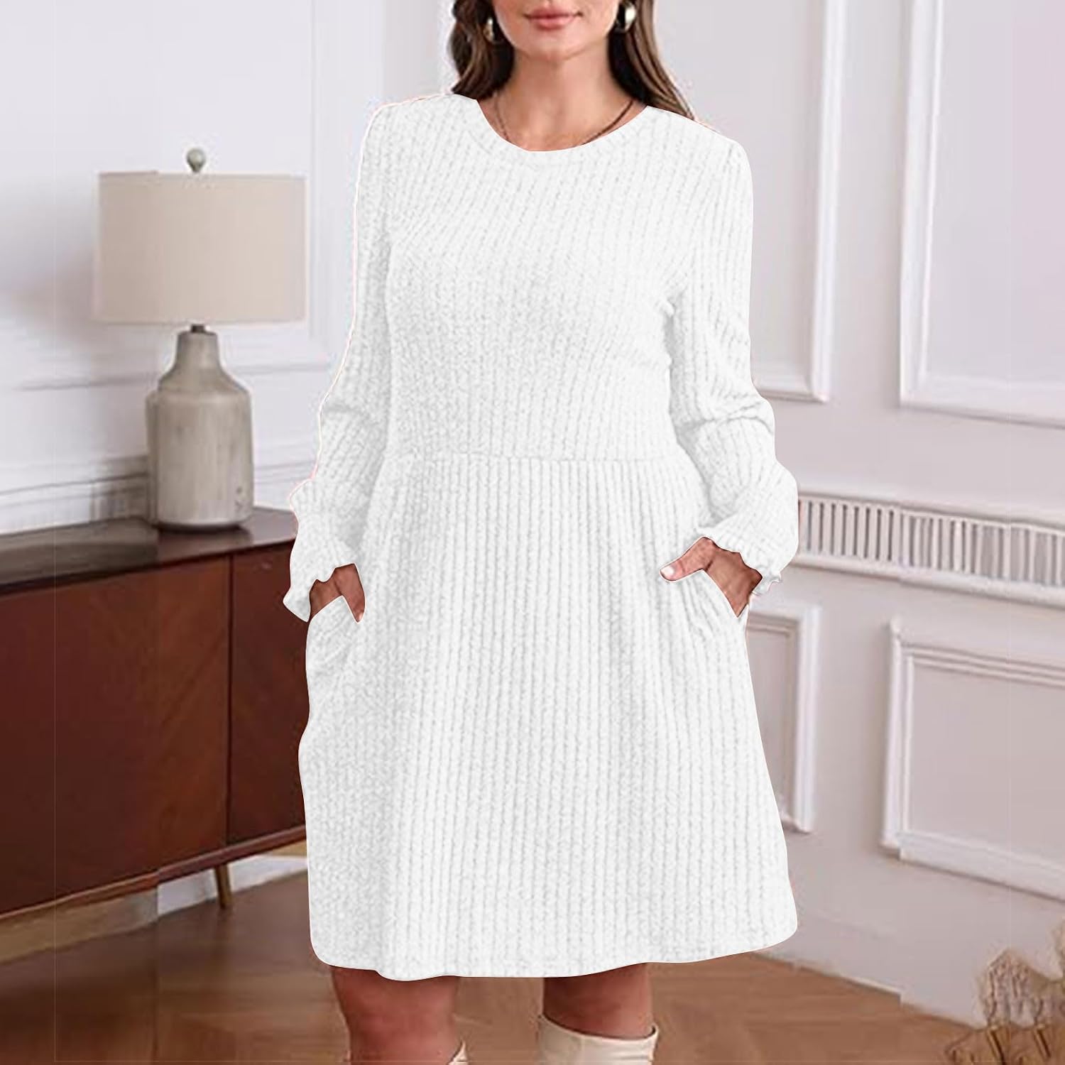 Womens Long Sleeve Sweater Dresses Round Neck Ribbed Knit Smocked Cuff Mini Dress with Pockets Casual Solid Outfits