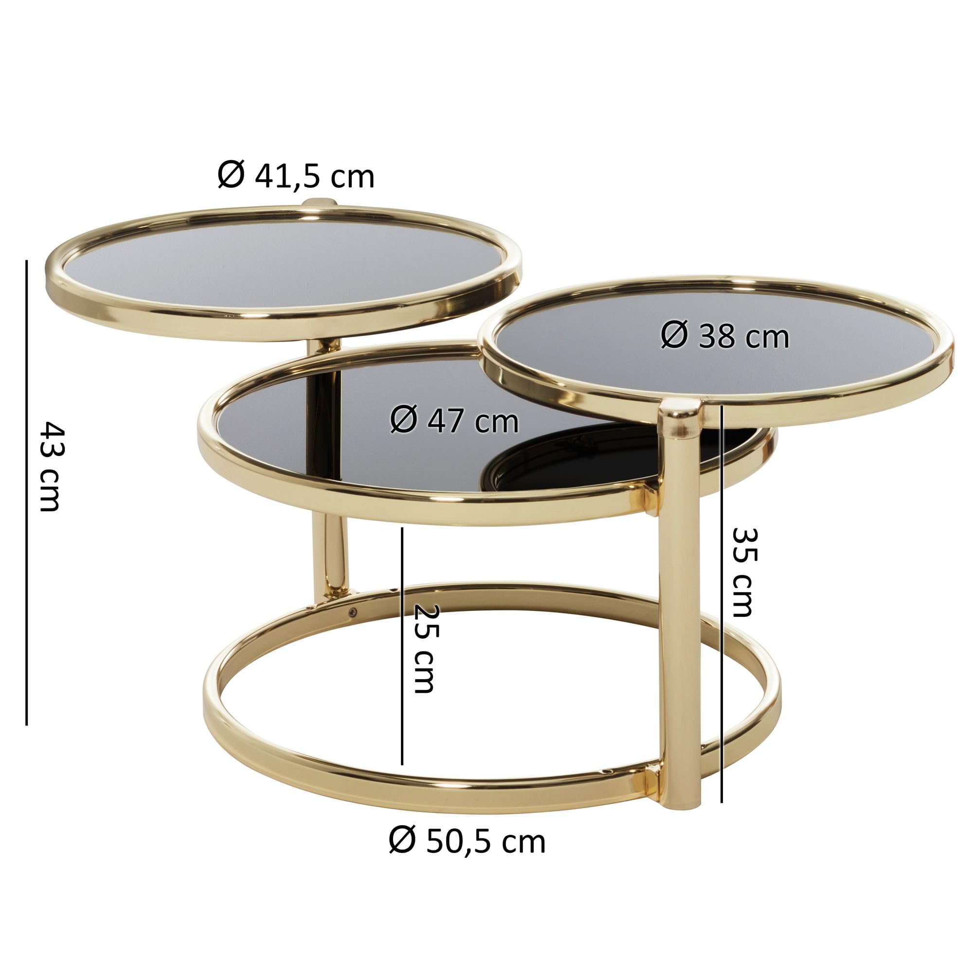 Wohnling Couchtisch 58x43x58 cm Glas Metall Schwarz Gold, 3 Tischplatten