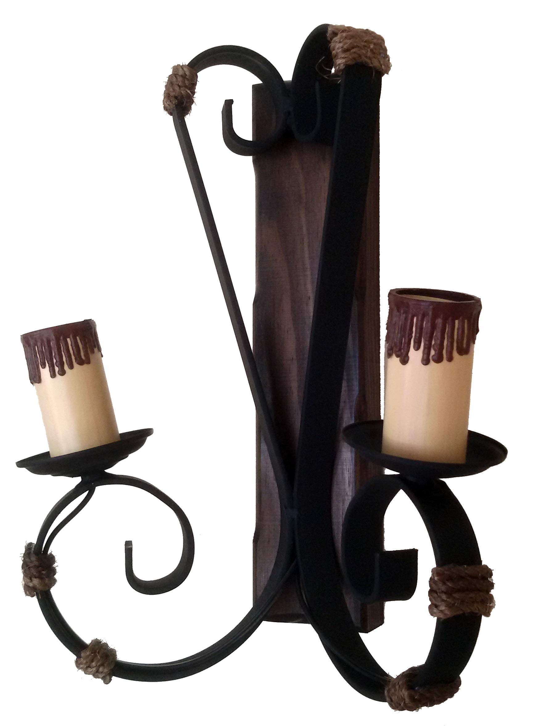 Aplique rústico de 2 luces de forja, madera y cuerda.