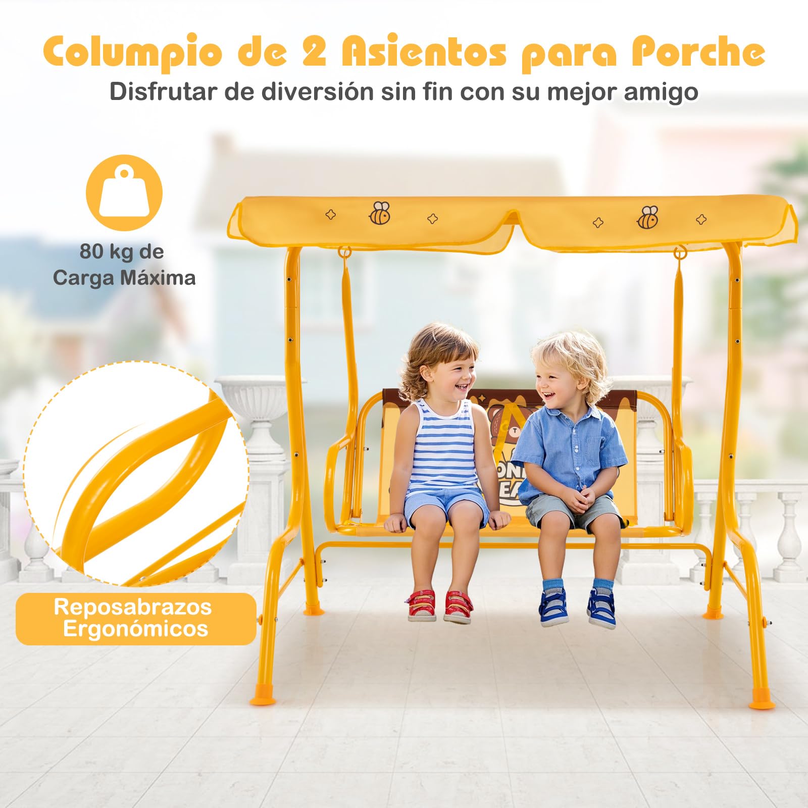 COSTWAY Columpio de Jardín Exterior para Niños de +3 Años, Balancín de 2 Plazas, Estructura Metálica, Dosel Ajustable y Cinturones de Seguridad, 112 x 76,5 x 111 cm, Carga 80kg (Naranja)