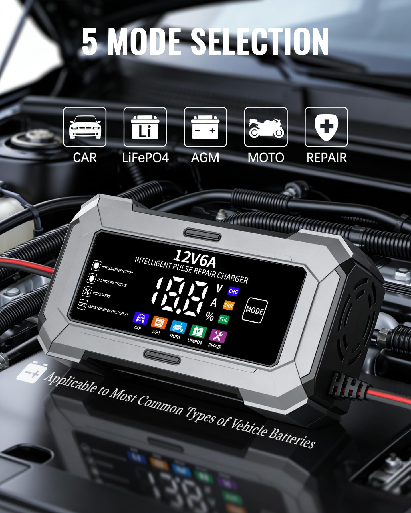 6A 12V Car Battery Charger & Trickle Charger for Car Battery with Pulse Repair & Digital Display, Compatible with CAR AGM MOTO LiFePO4 Batteries - 2