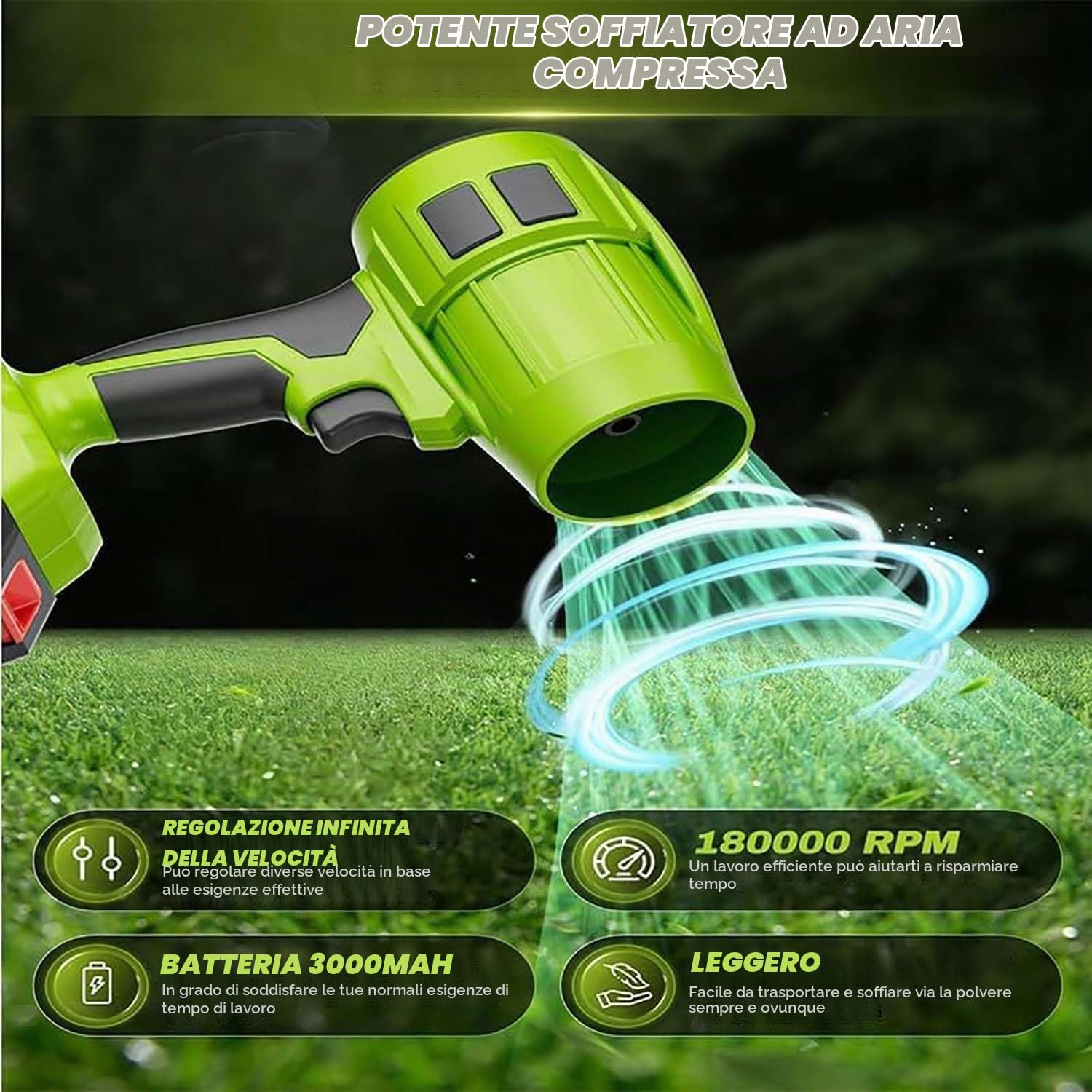 Seese Pro - Soffiatore Ultra Leggero e Potente, Leggero e Portatile, Adatto per Auto, Giardini, Terrazze, Neve e Campeggio (2 batteries)
