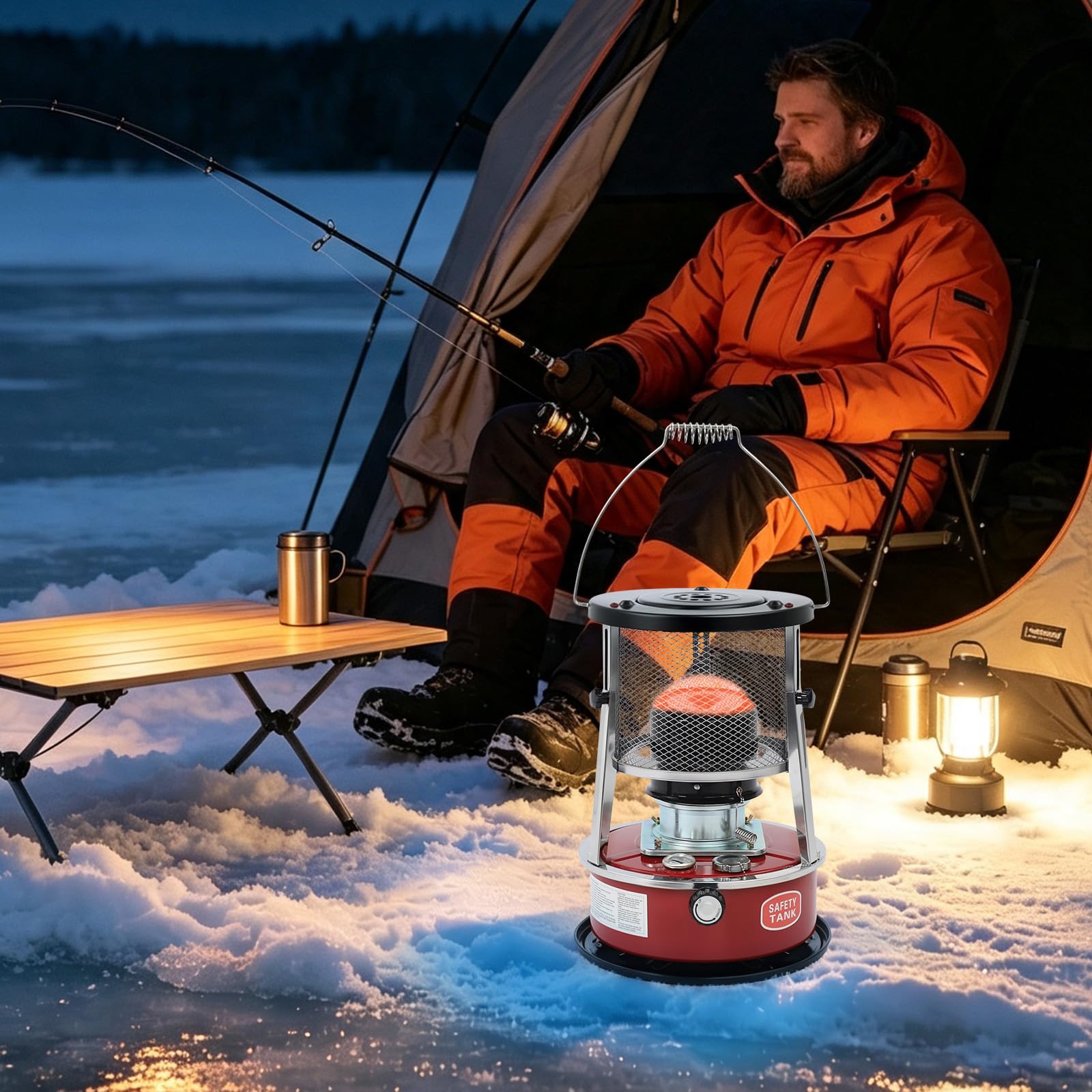 Petroleumheizer 8000 BTU,Tragbarer Heizstrahler für Draußen Camping, Garage | Angeln & Garten – Bis zu 18h Heizdauer, Höhenverstellbar, Ohne Strom - 5,2L Tank, Rot