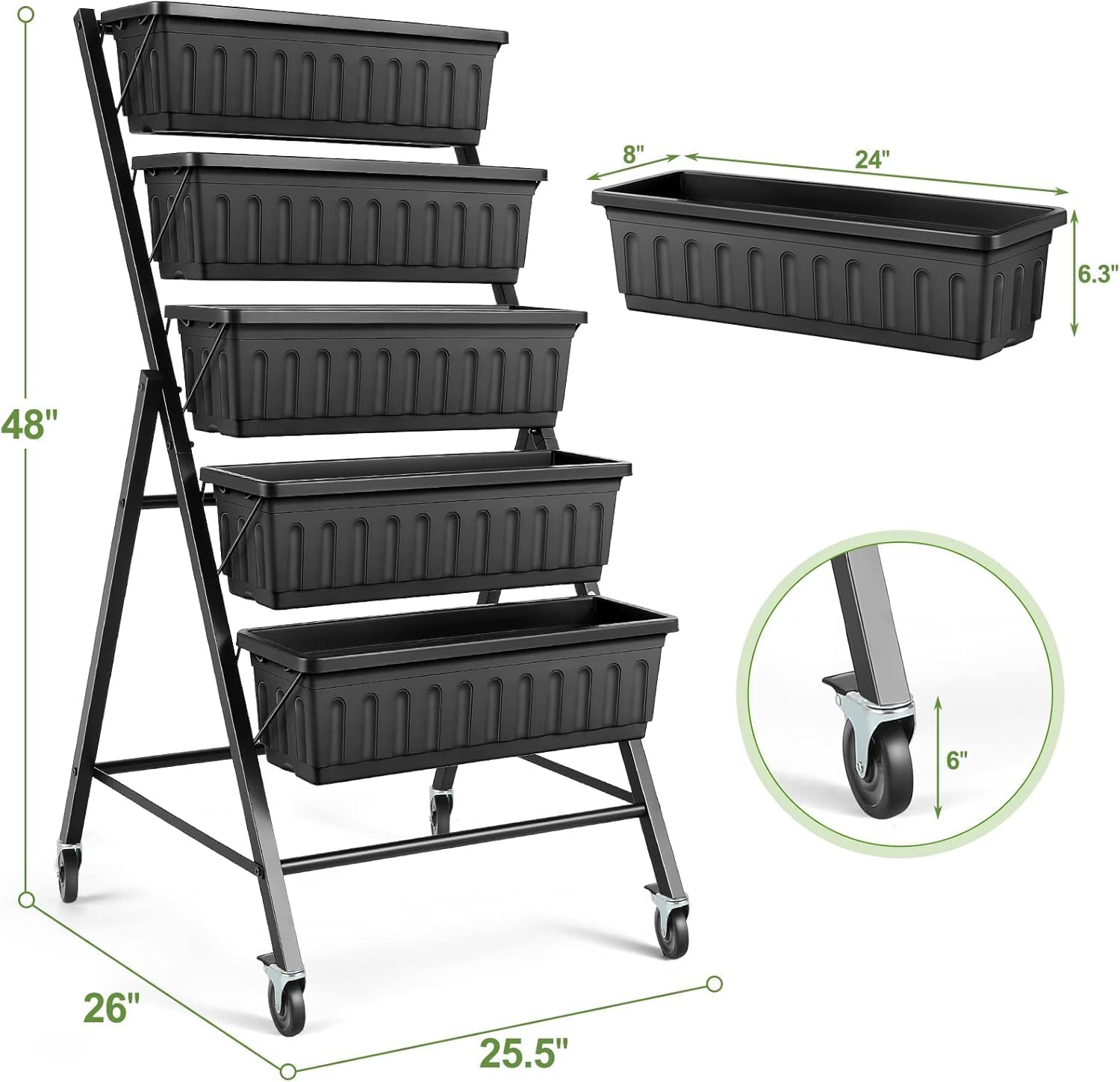 Suyncll 2 Pack Vertical Raised Garden Bed, 5 Tiers Elevated Planter Box with Drainage System and 4 Hooks, 4FT Vertical Planter for Herbs Vegetables Flowers (Black with 4 Wheels)