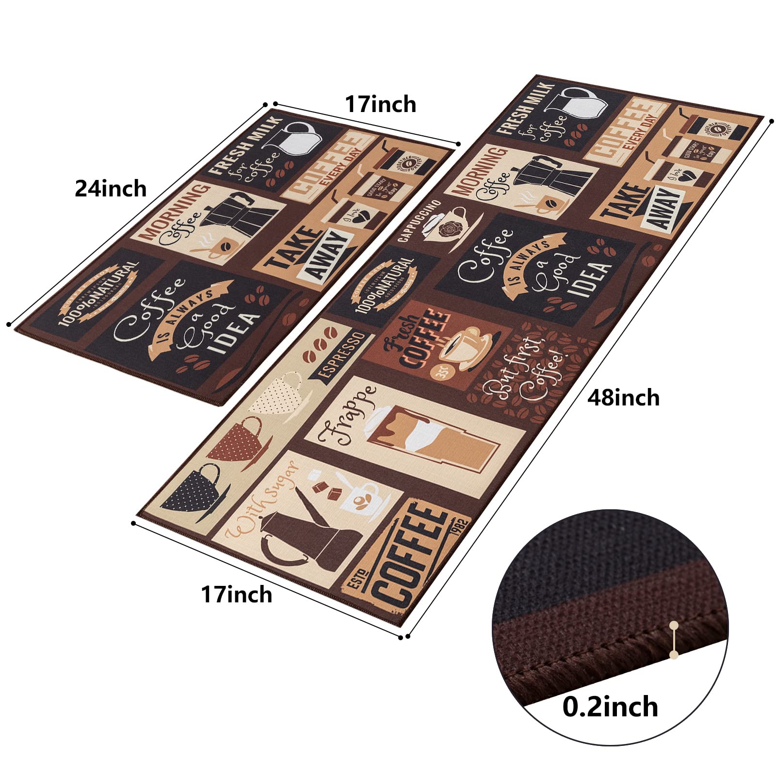 2 piezas Tapete antideslizante de cocina, Tapete con respaldo de caucho termoplástico antideslizante, diseño de Café (17 x 48 pulgadas y 17 x 24 pulgadas) 2
