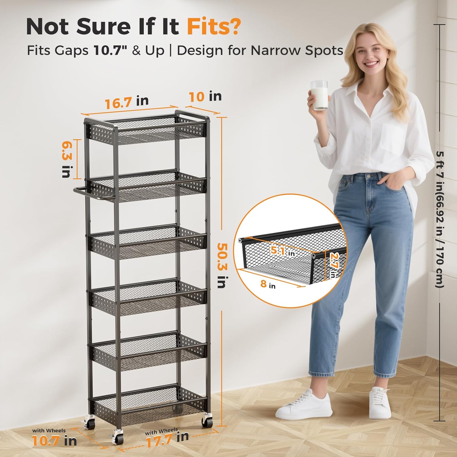 6 Tier Slim Storage Cart with Wheels, 10" D Rolling Storage Cart for Small Space, Metal Narrow Spice Cabinet Mobile Shelving Unit Organizer with Handle for Kitchen, Laundry - Black