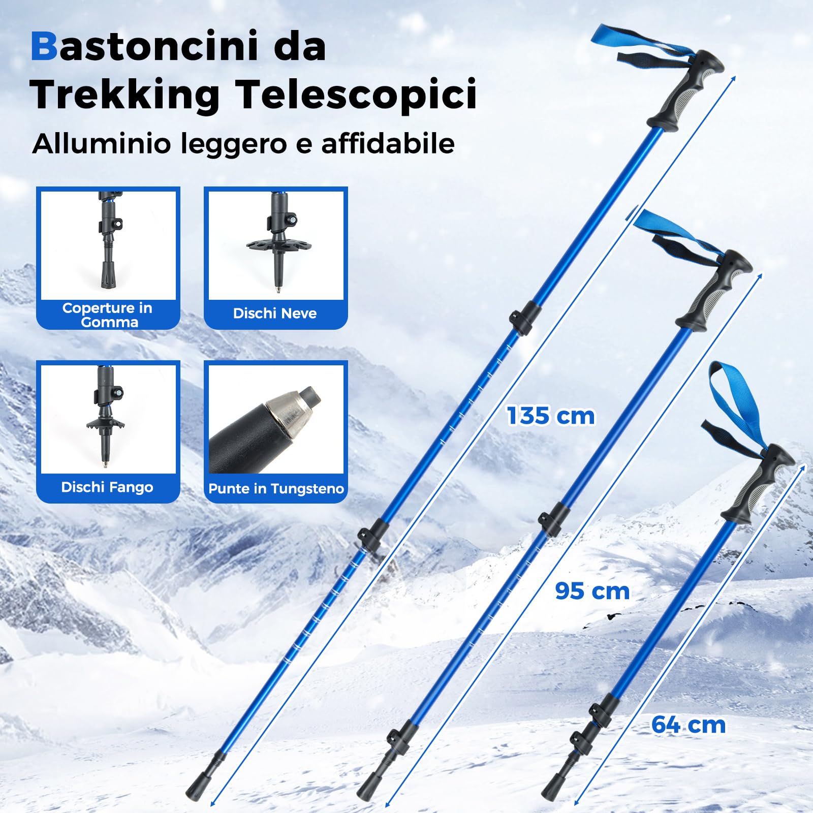 COSTWAY Ciaspole da Neve 54/63 cm, Racchette da Neve con Bastoncini da Trekking, Legacci Regolabili Imbottiti in EVA con Chiusura a Tiraggio Singolo e Sollevatore per il Tallone
