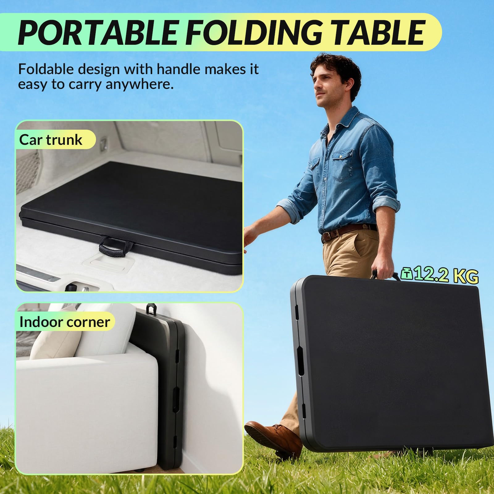 Velway Tavolo Pieghevole da Esterno 180x75x73cm - Portatile Tavolo Pieghevole Campeggio per 6-8 Persone con Maniglia e Blocco di Sicurezza Salvaspazio per Giardino, Feste Buffet, Mercatini - Nero
