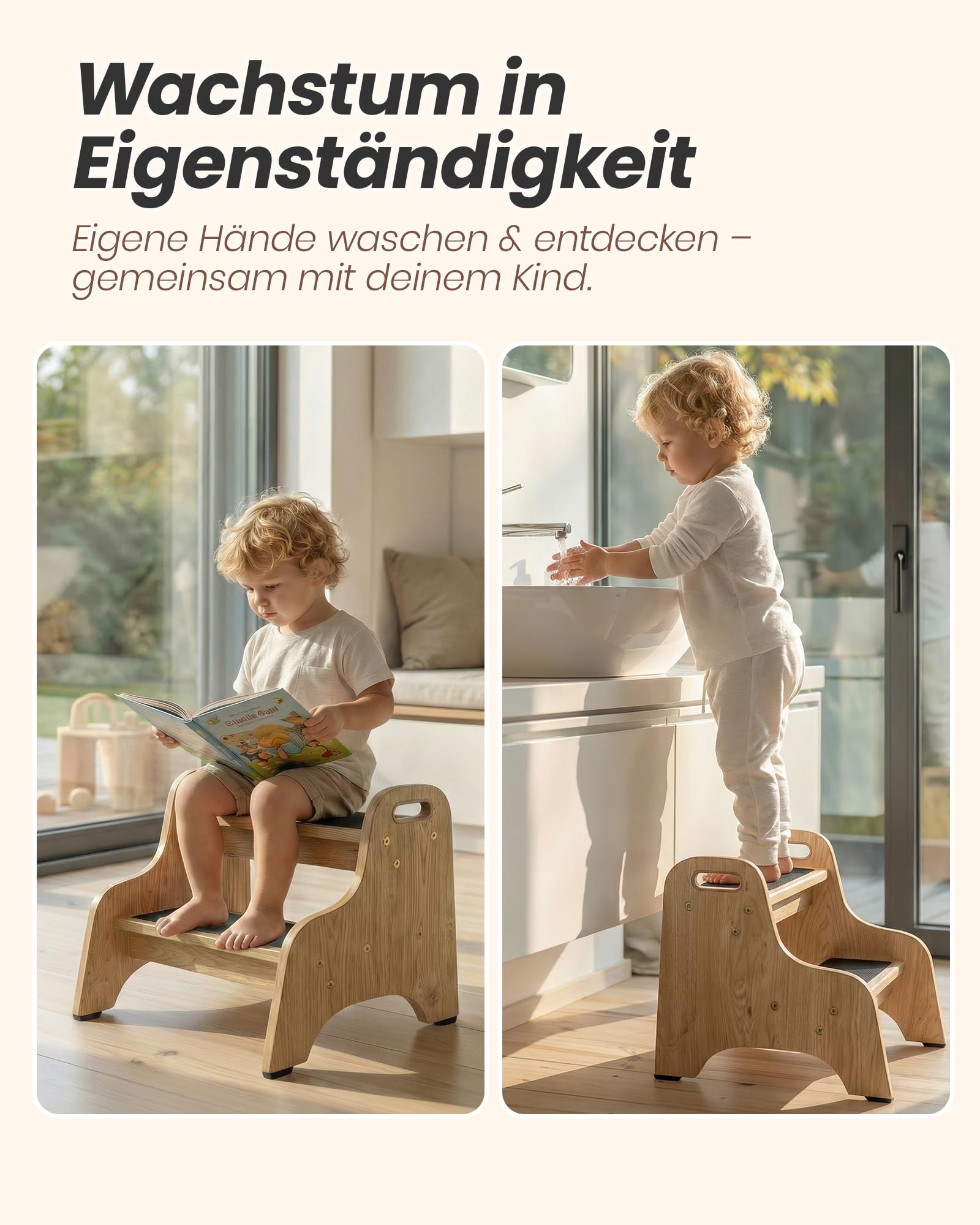 Tritthocker Kinder aus Holz – extra stabil & rutschfest, Anti-Rutsch Stufen, sichere Rundkanten, Fester Halt – ideal für Bad, Toilette & Küche