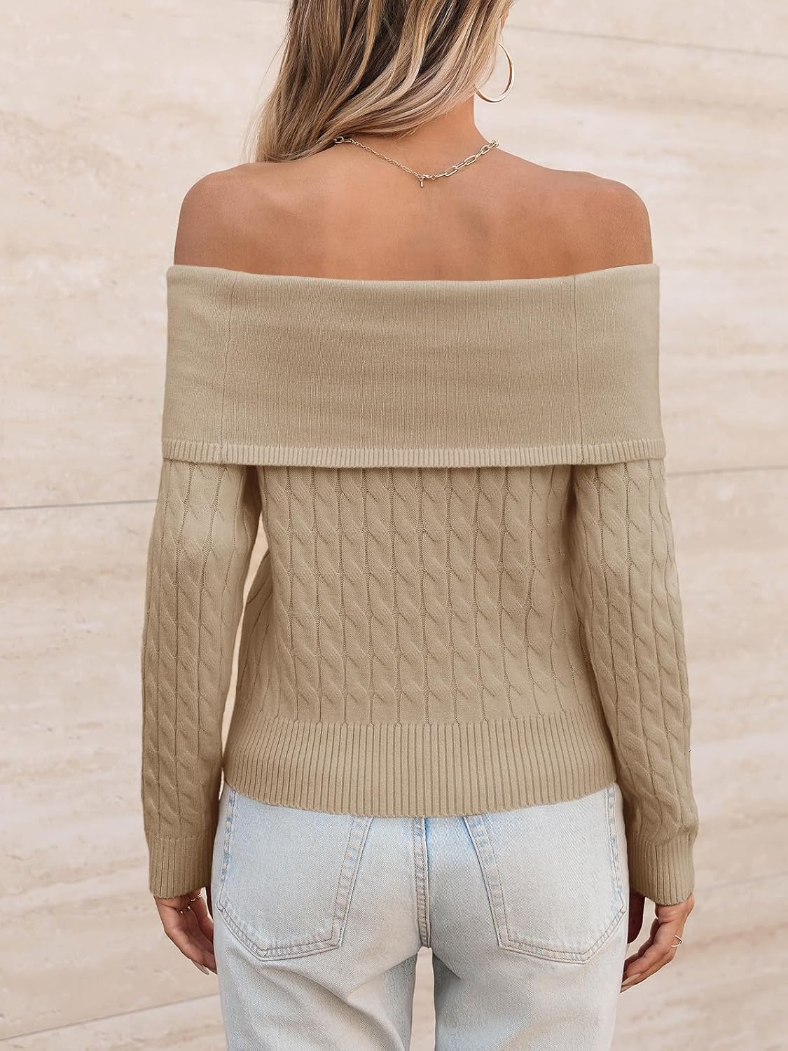 Saodimallsu Womens Off The Shoulder Sweaters Cable Knit Long Sleeve Sexy Fitted Fall Dressy Going Out Pullover Tops - Image 5