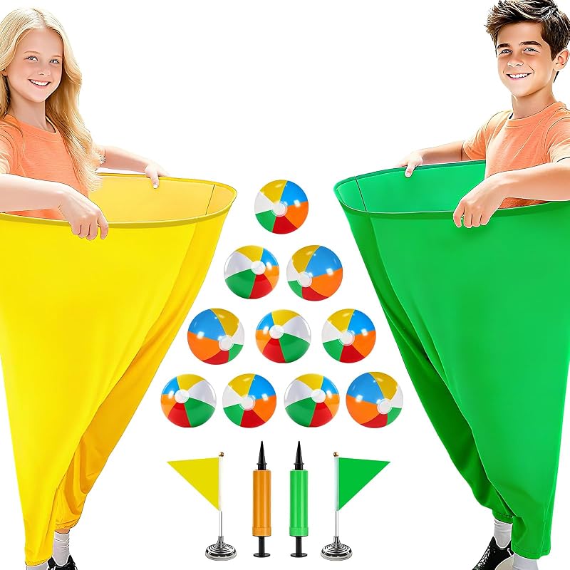 Granny Pants Yard Game for Kids(31.5 in *24 in), Outdoor Game(Small) | 2 Pcs Granny Pants,10 Bouncy Balls,2 Pumps & Flags,Granny Pants Game for Christmas Family Party Gathering,Yellow & Green