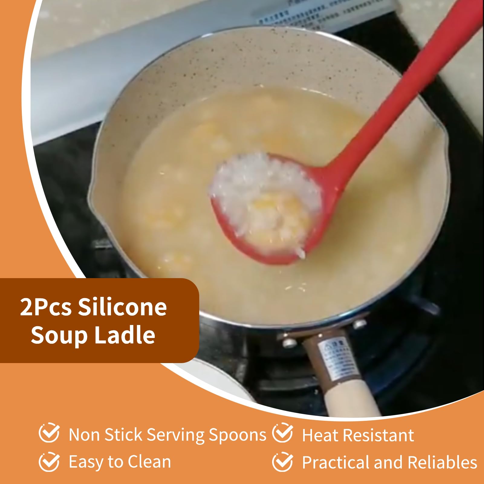 2Pcs Silicone Soup Ladle, 11.2in Serving Spoons, Non Stick Heat Resistant Seamless Kitchen Cooking Soup Ladle, Ladles Spoon for Soups, Chili, Sauces (Red)
