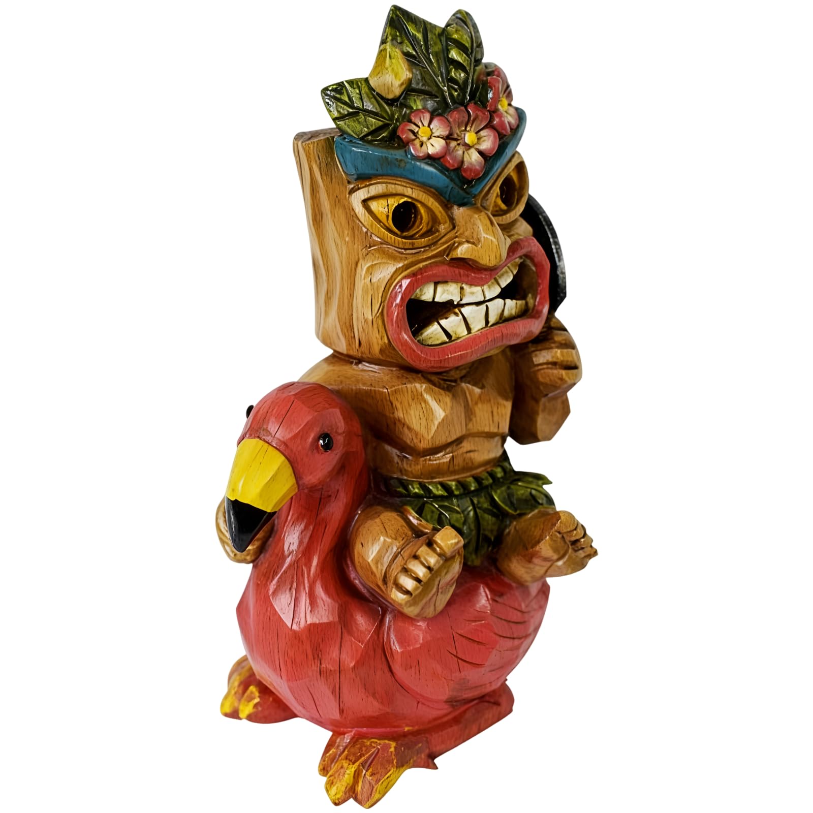 Figura di fenicottero polinesiano a energia solare, decorazione Tiki all'aperto, scultura in resina alta 25 cm, accensione e spegnimento automatico tropicale giardino patio bar ornamento