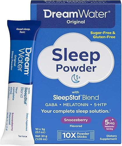 Dream Water Polvo para dormir, sin azúcar, sin gluten, sabores naturales; mezcla de 3 ingredientes, GABA, 5 mg de melatonina, 5-HPT; sabor a