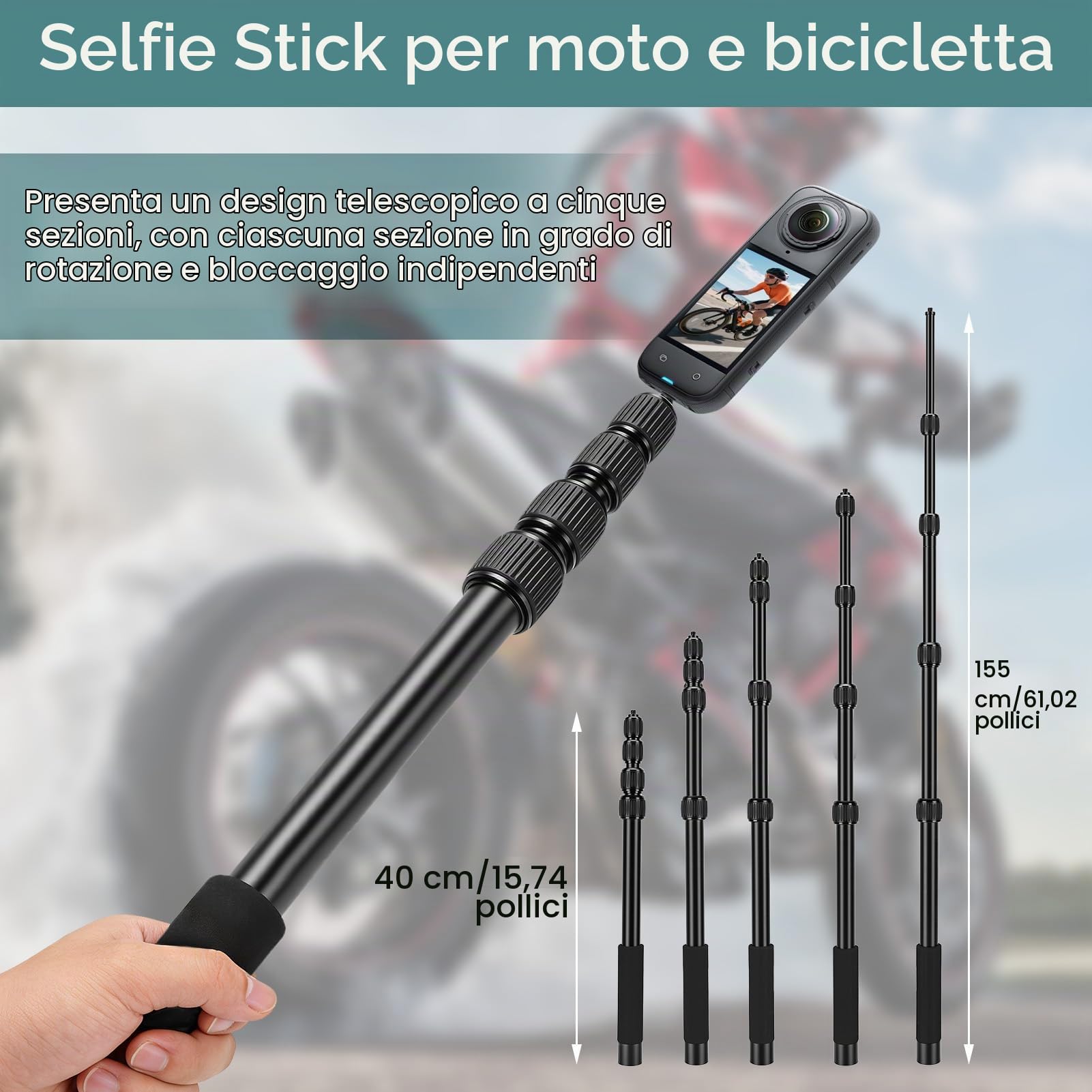 Kit di Supporto per Moto Bici, Invisibile per action camera da manubrio con selfie stick regolabile da 150 cm e doppio morsetto, montaggio per manubrio Compatibile Insta 360 X4 X5 X3
