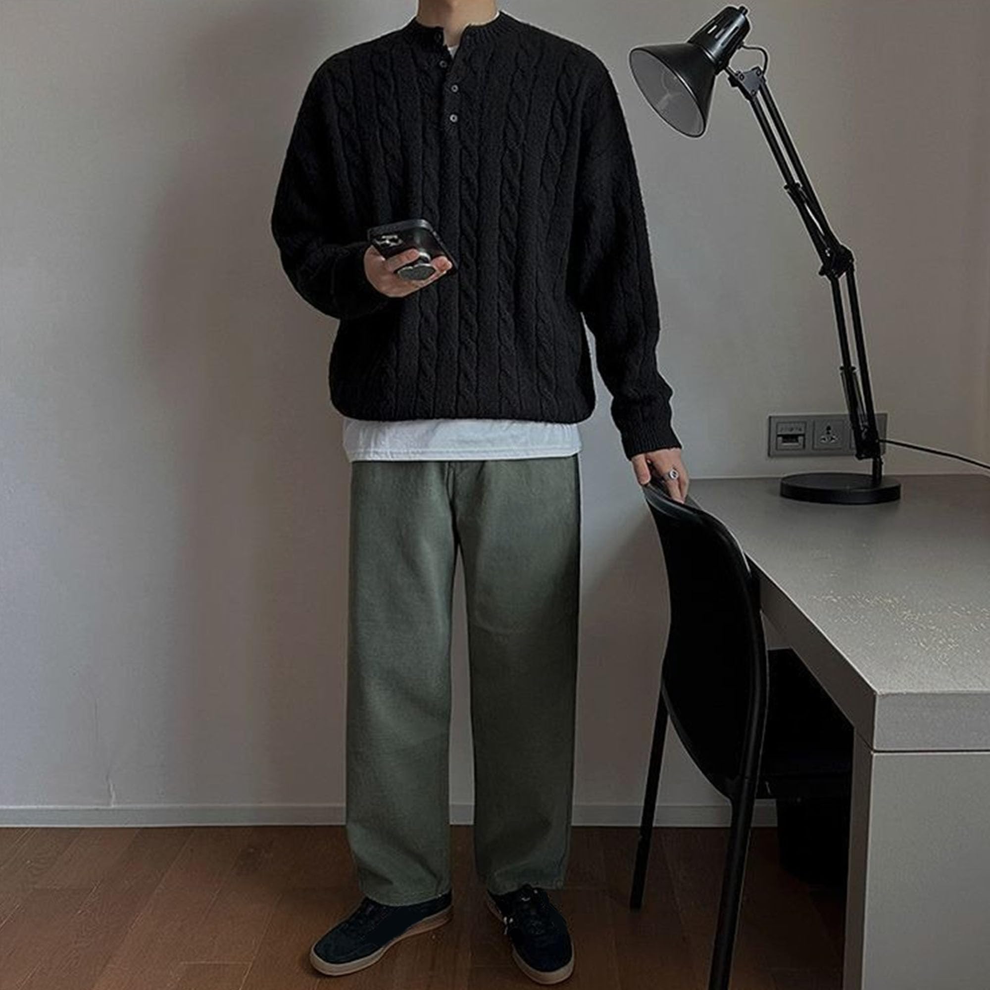 JEShifangjiusu Maglione da uomo con colletto alla coreana maglione lavorato a maglia con bottoni maglione termico oversize casual
