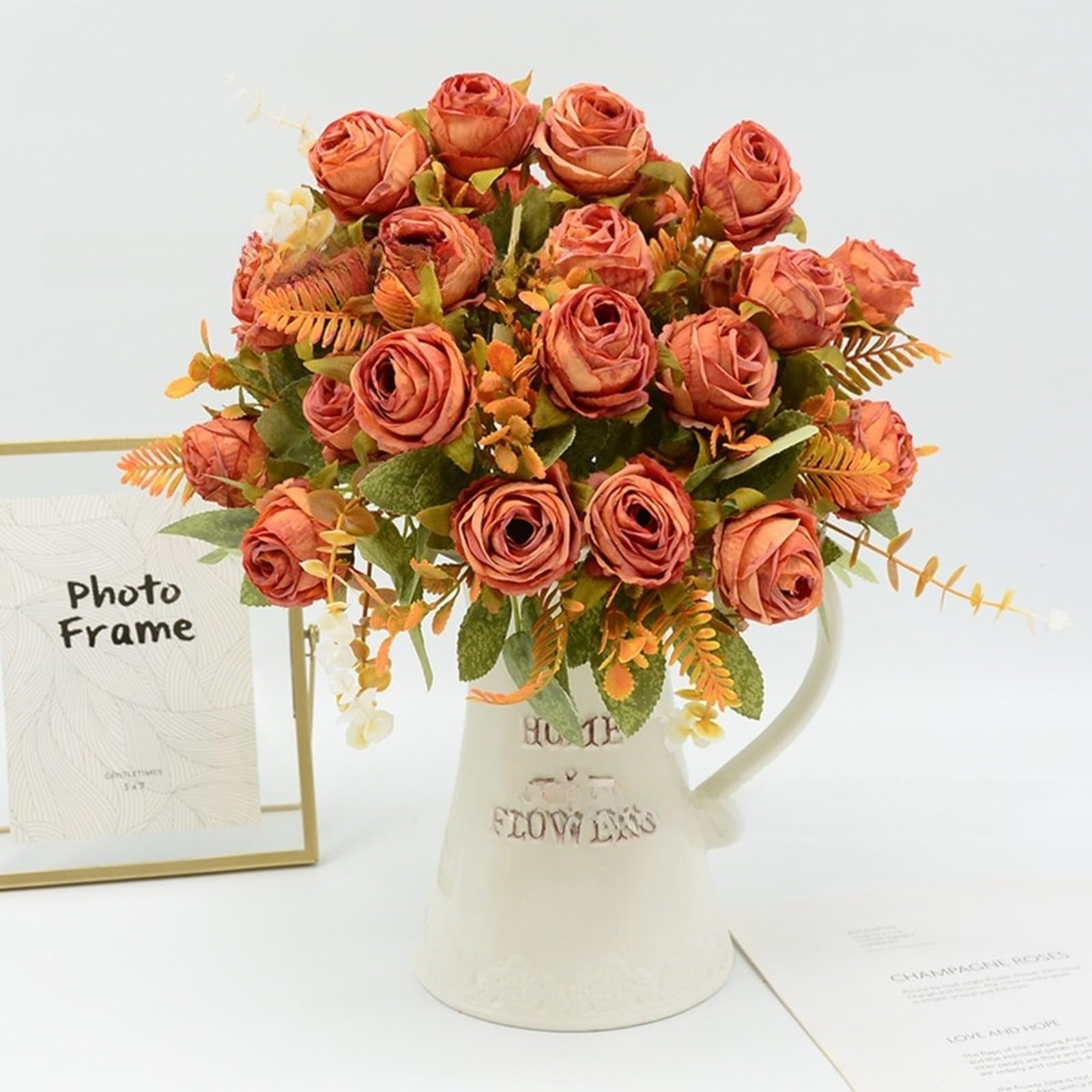 Bouquet di rose artificiali in seta a 7 teste Elsa realistiche per matrimoni e decorazioni per la casa, 35 cm, in tessuto e filo, bianco crema (rosa)