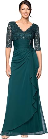 Betsy & Adam Women's Long Ruched Sheer Matte Jersey, Lace Bodice V-Neck Evening Dress with 3/4 Sleeve