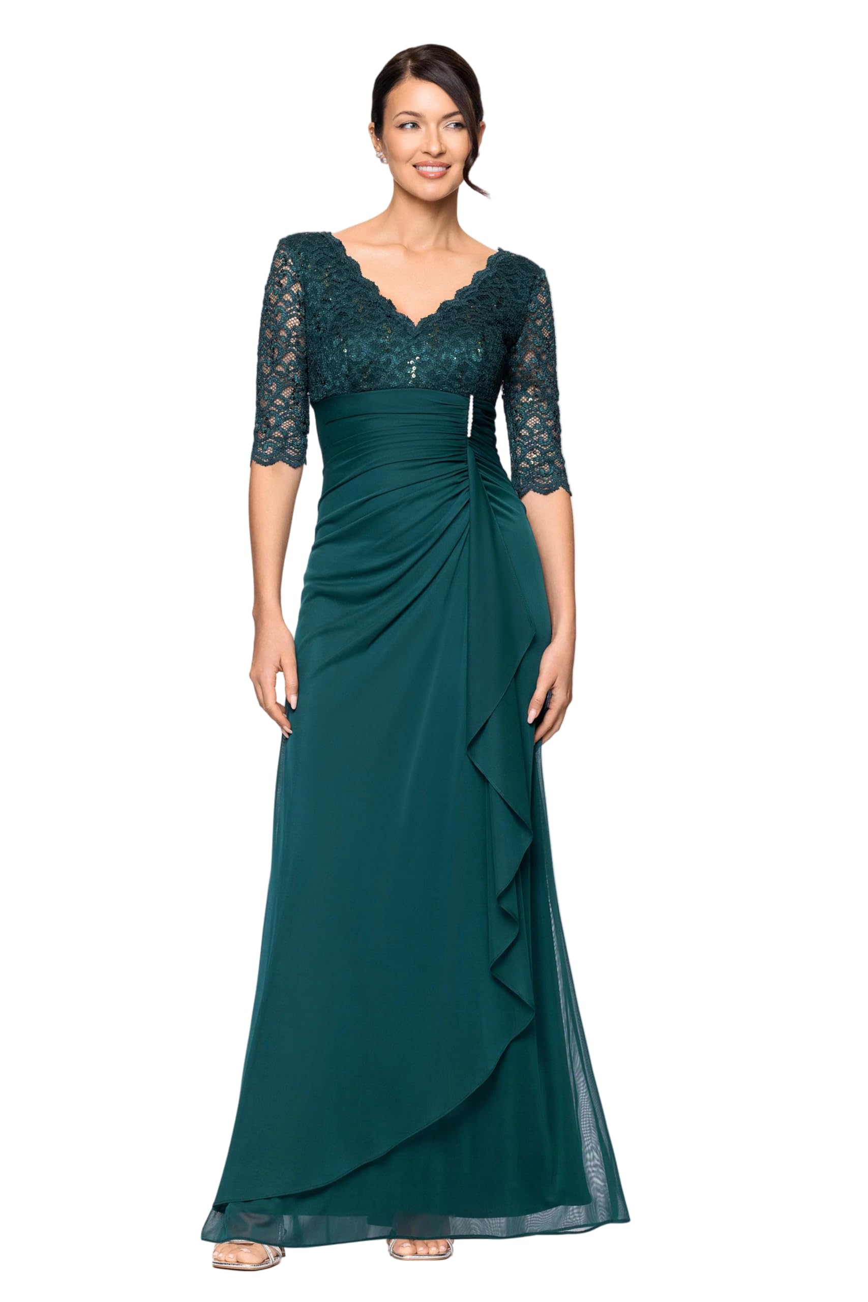 Photo 1 of ***BLUE***Betsy & Adam Women's Long Ruched Sheer Matte Jersey, Lace Bodice V-Neck Evening Dress with 3/4 Sleeve, Navy, 12