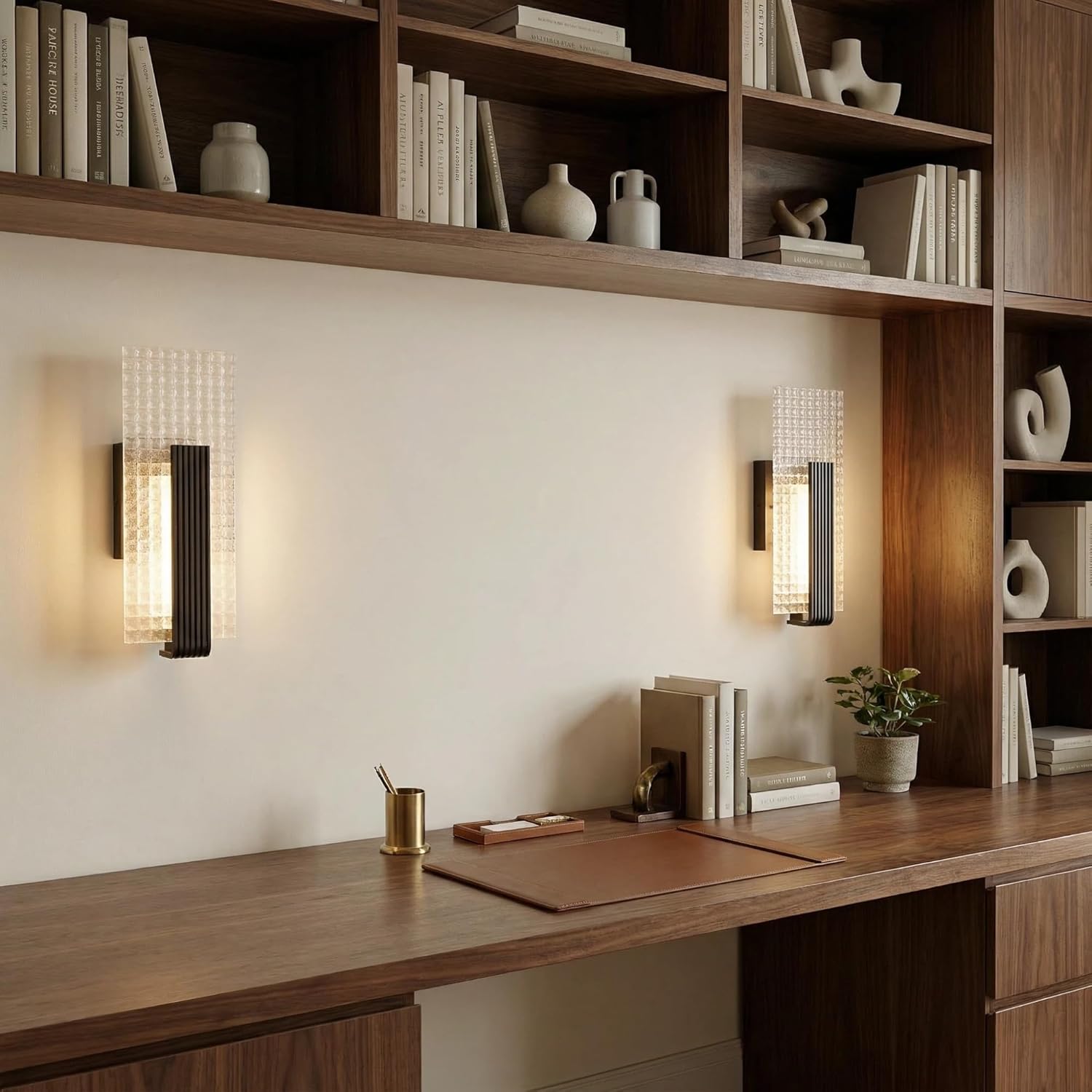 Modern Wall Sconce Set of Two Indoor, 12W Dimmable LED Wall Light Fixtures, Glass Wall Mount Lighting for Living Room Bedroom Bathroom Hallway Corridor, 3000K, Black