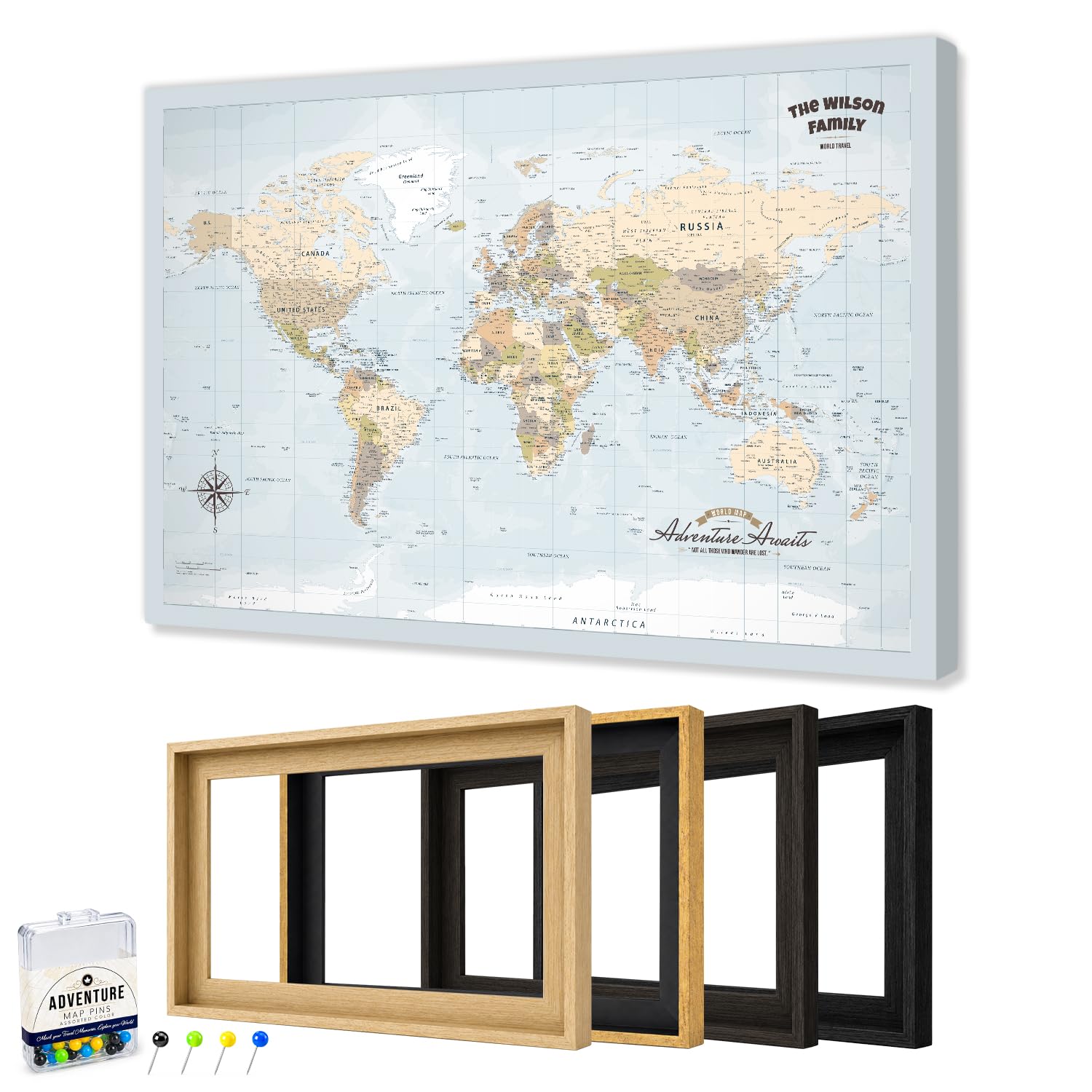 IPIC Personalized Blue Ocean Framed World Map Pin Board, Size 42x28 in
