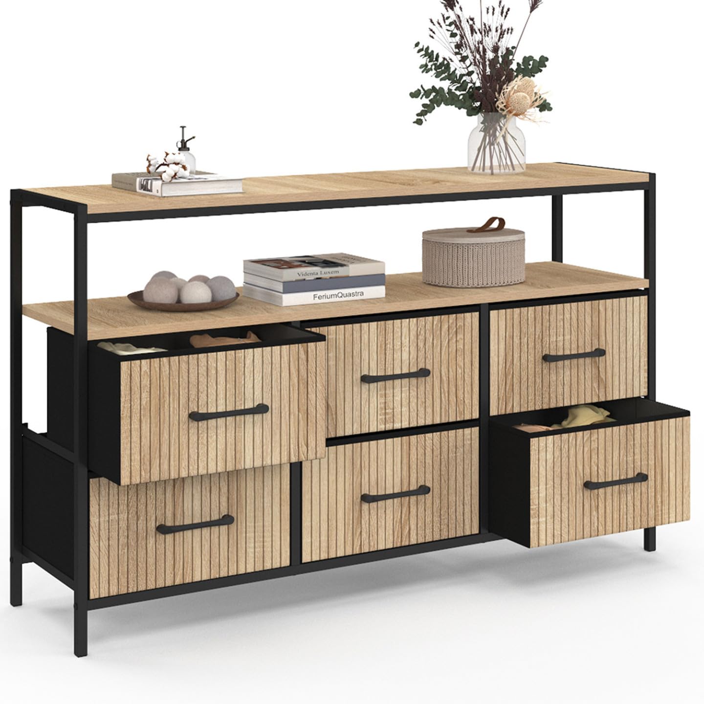 IDMarket - Cómoda con 6 cajones de tela Utah, 115 cm, con nicho efecto lamas, mueble de almacenamiento, diseño industrial