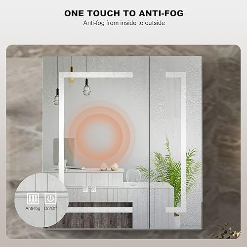 Miniatura 5 de Mepplzian Botiquín LED con espejo botiquín iluminado de 2 puertas con desempañador gabinete de espejo de baño con almacenamiento montado en la pared