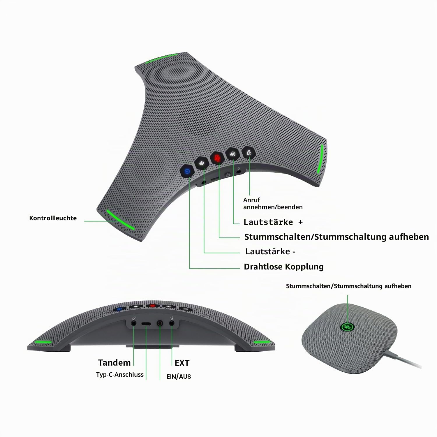 Octopus Ultra, Lautsprecher und Konferenzmikrofon mit Erweiterungsmikrofon, Geräusch- und Echounterdrückung, Bluetooth-Verbindung, USB und Gänseblümchen-Verbindung