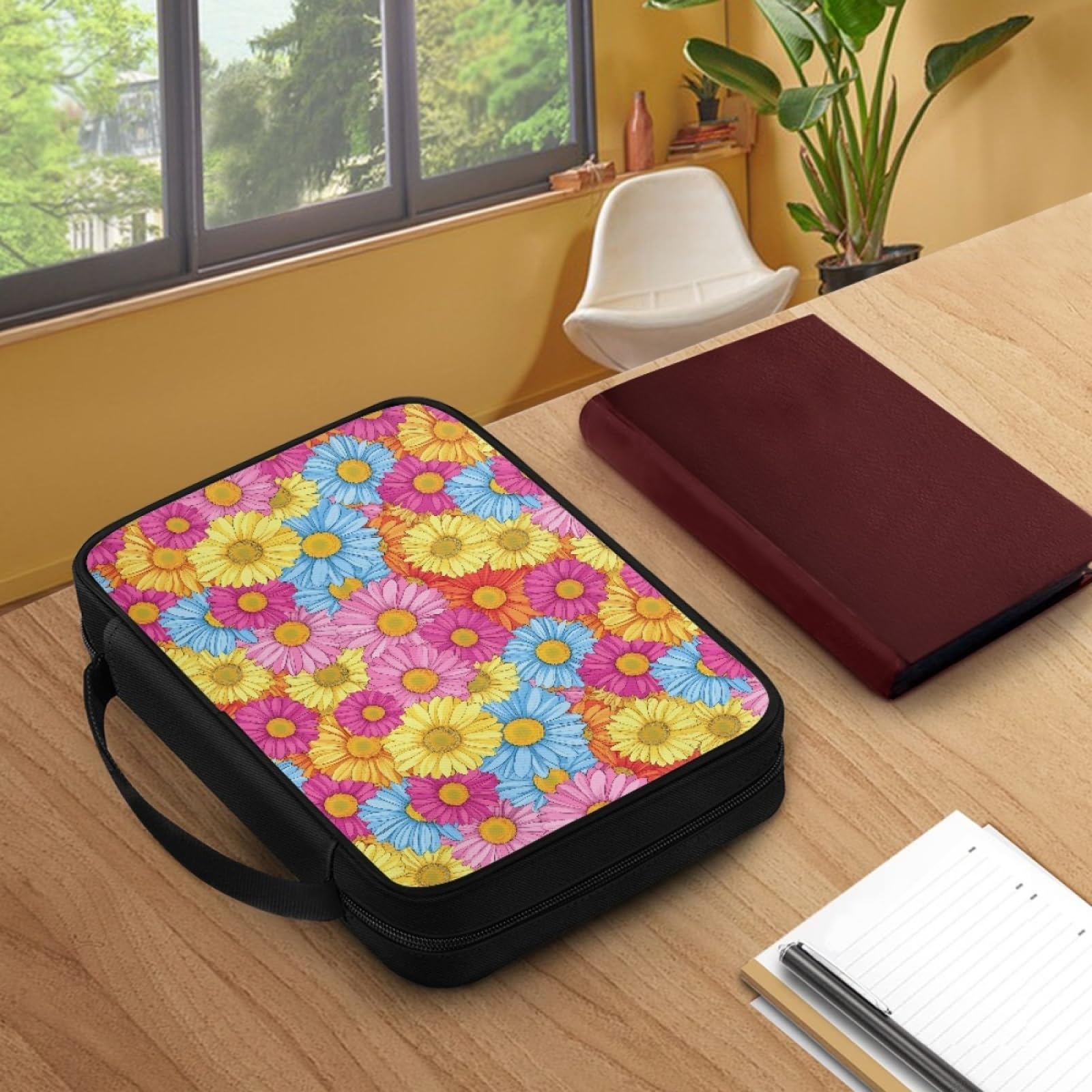Custodia Libro Rosa Giallo Florale Copertura Bibbia con Manico Cerniera Tela in Poliestere per Uomo Donna Porta Libro Grandi Capacità Custodia per Libri 27.5x22.5x5.5 cm